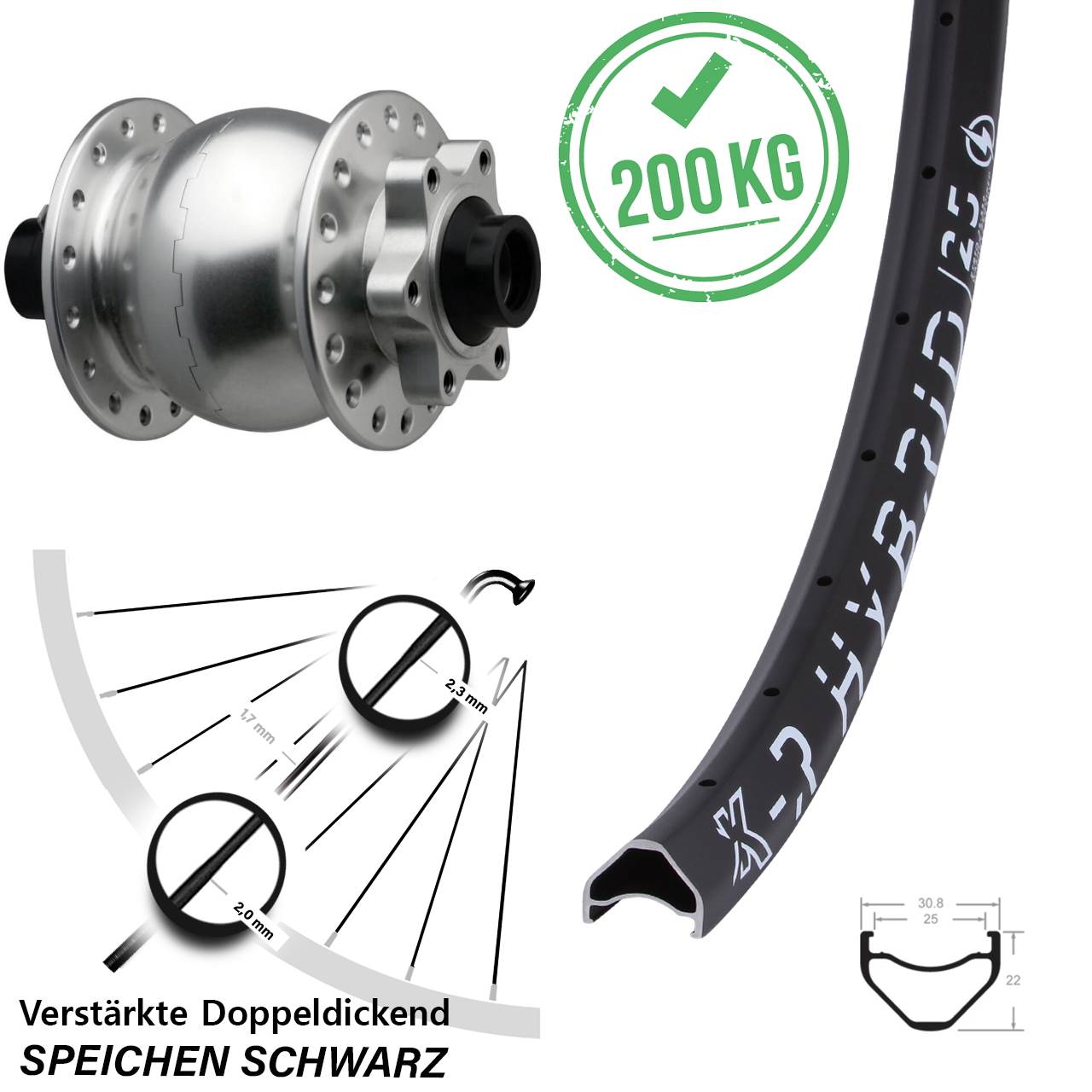 SON 28 KX-R Hybrid 25 26 Zoll Disc Vorderrad mit Nabendynamo 15x110 Boost