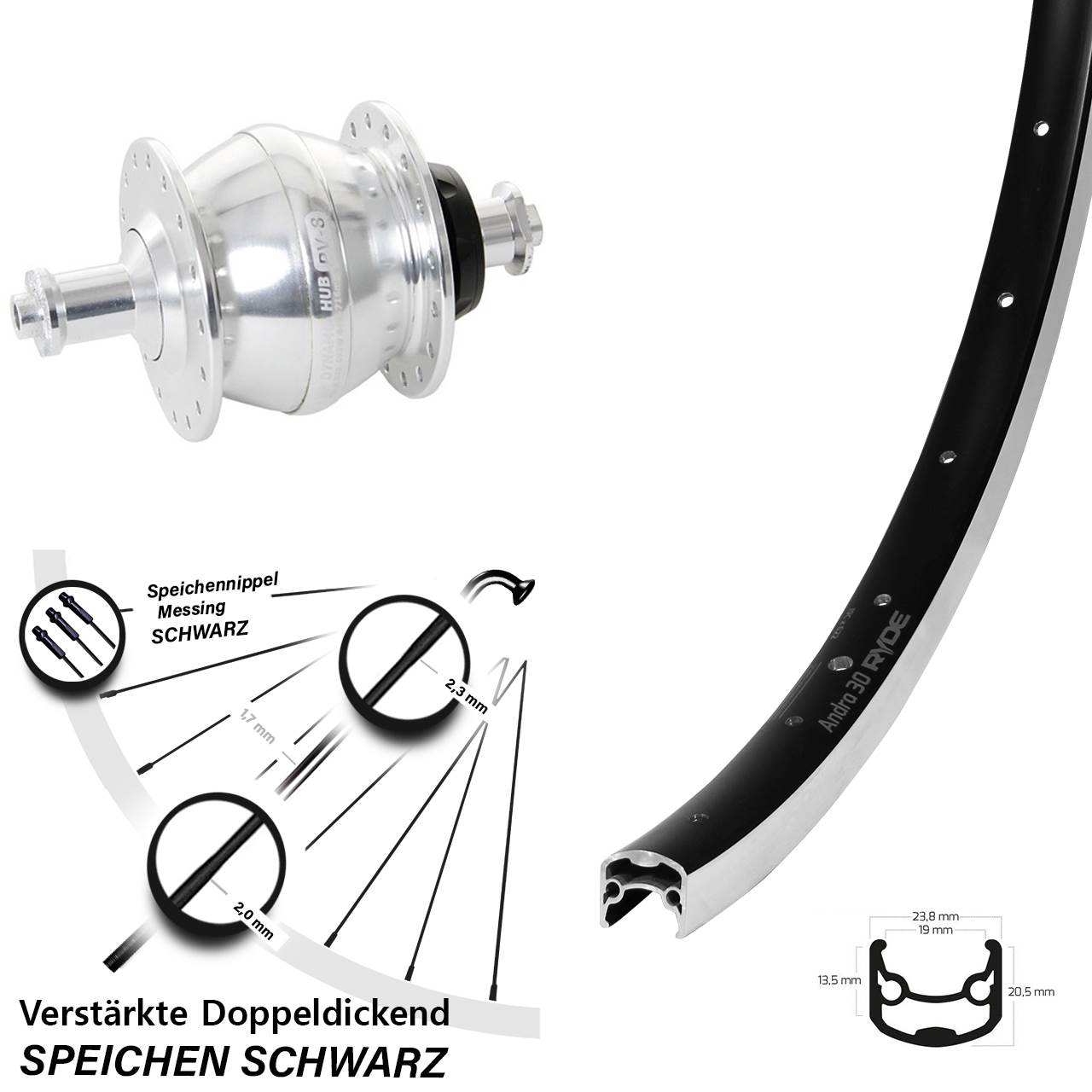 Nabendynamolaufrad 28 Zoll Ryde Andra 30 Shutter Precision PV-8 für Schnellspanner