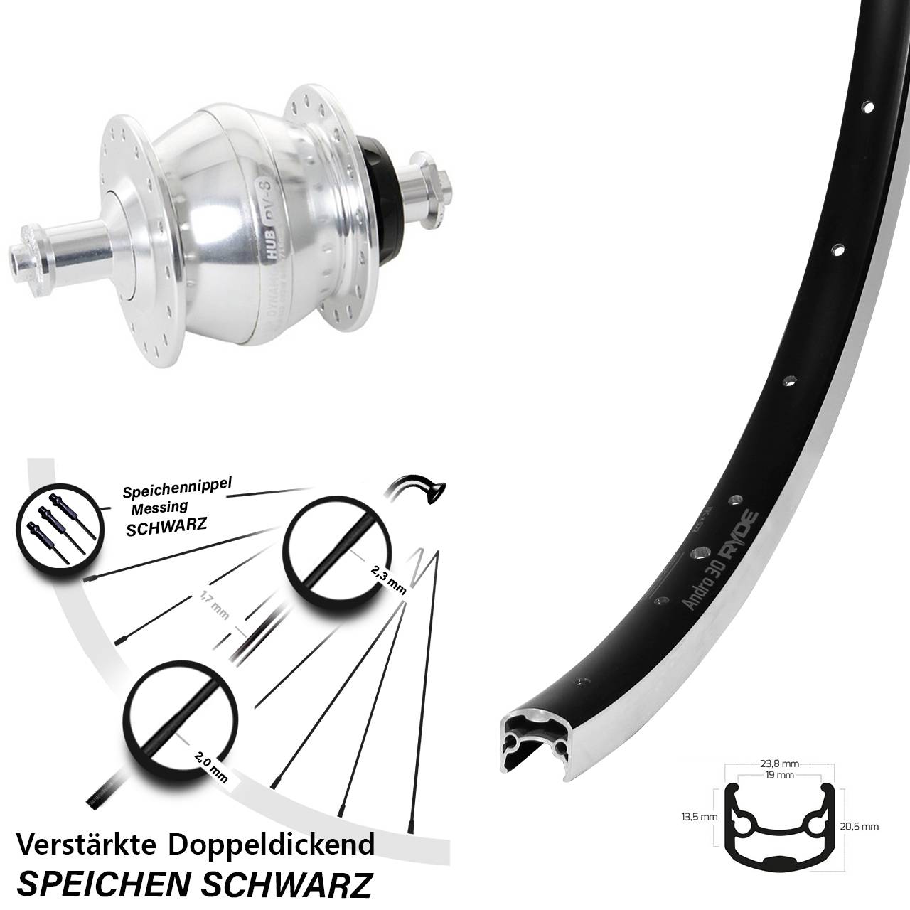 Nabendynamolaufrad 28 Zoll Ryde Andra 30 Shutter Precision PV-8 für Schnellspanner