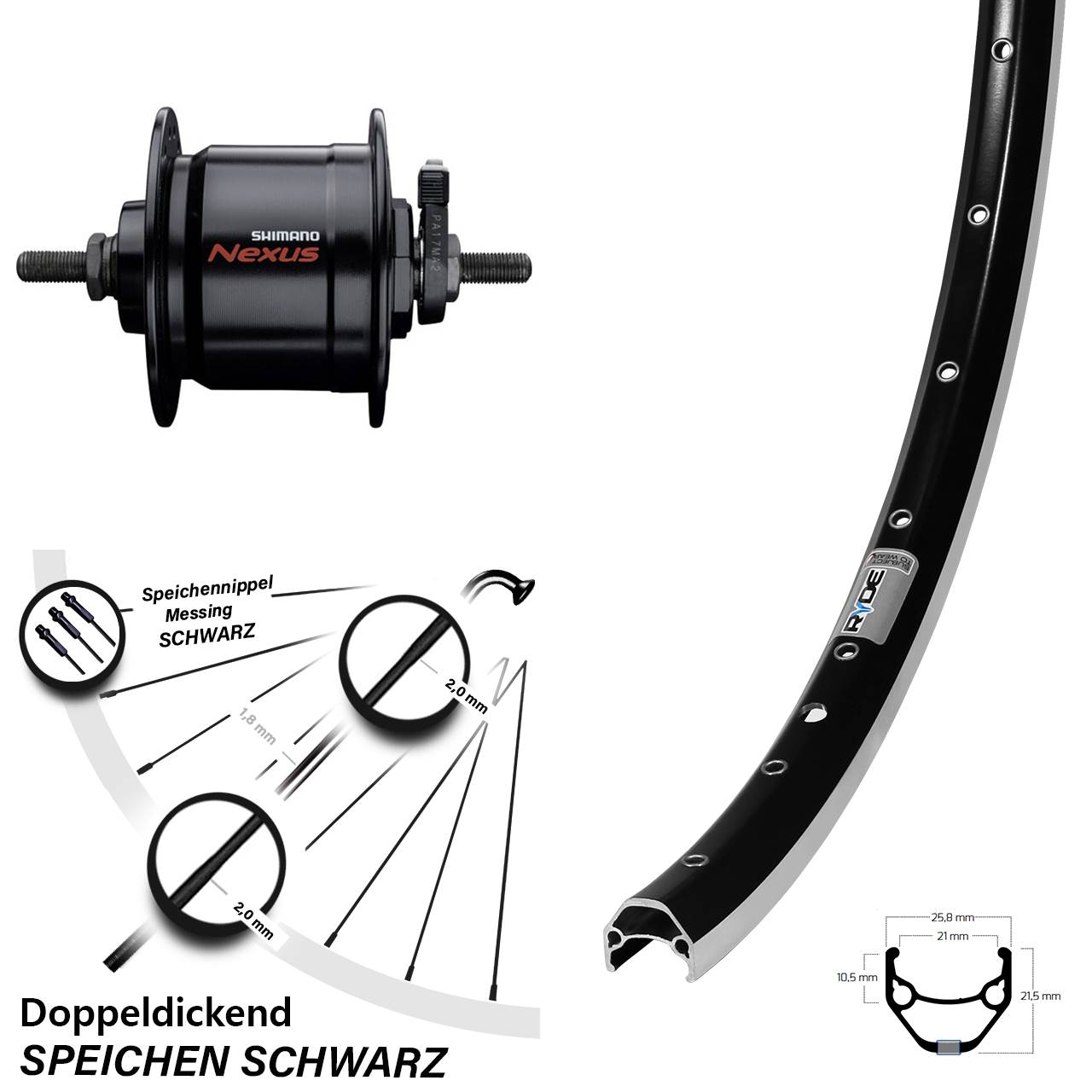 Nabendynamolaufrad 26 Zoll Ryde ZAC 421 Shimano DH-C3000-3N Vollachse