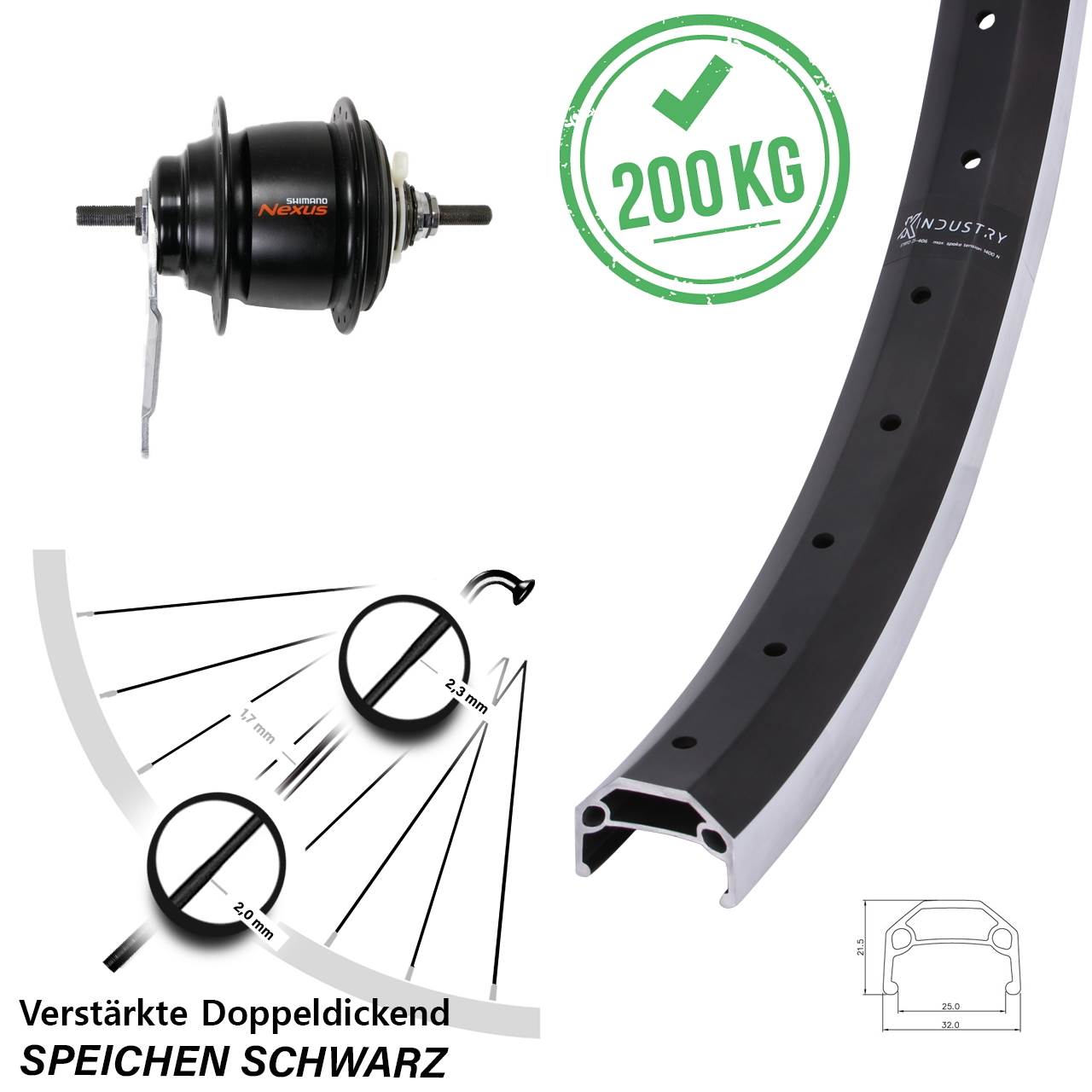 Hinterrad 20 Zoll KX Industry Shimano Nexus 8 Gang Rücktrittbremse