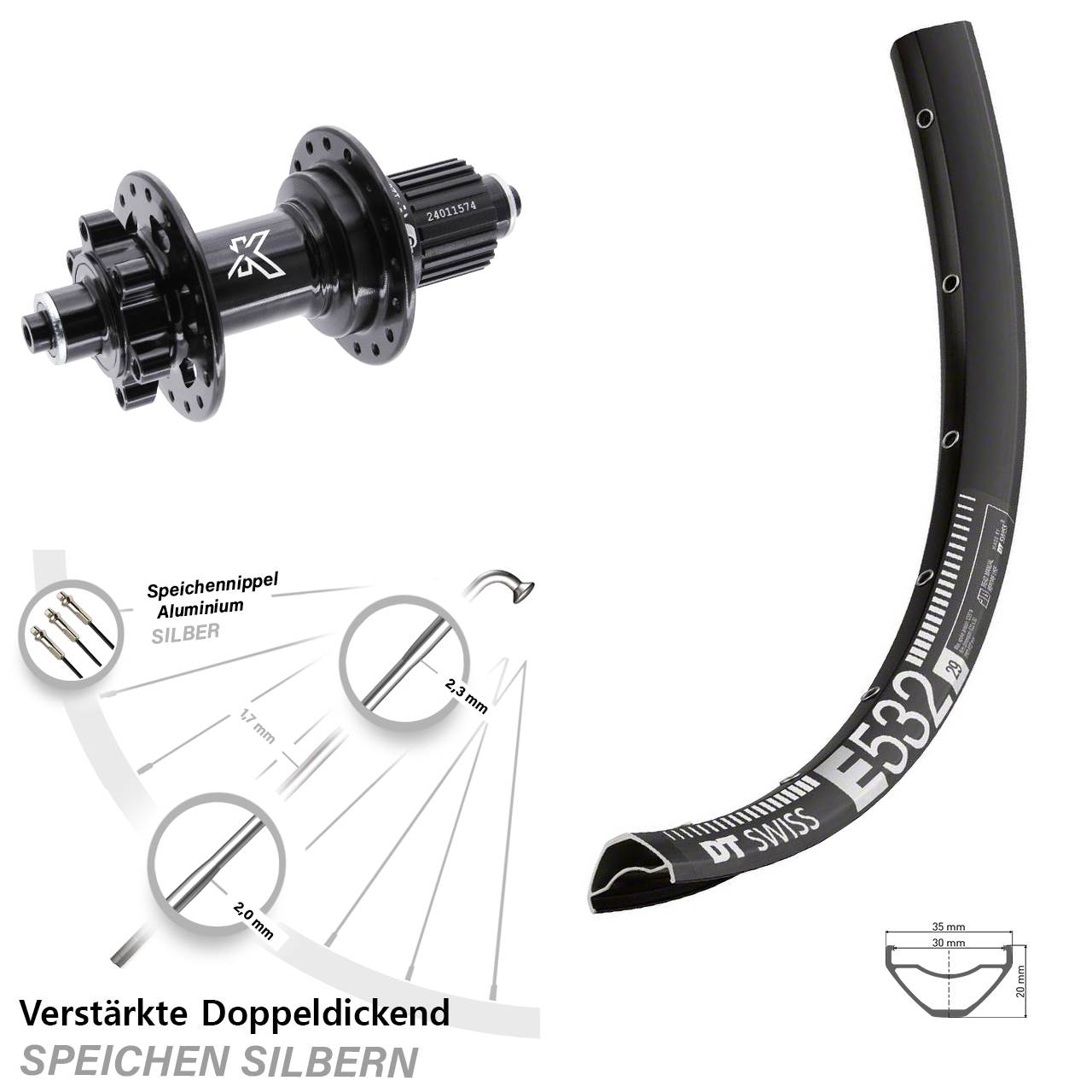 DT Swiss E 532 KX-M 29 Zoll Hinterrad 6-Loch QR Shimano Micro Spline