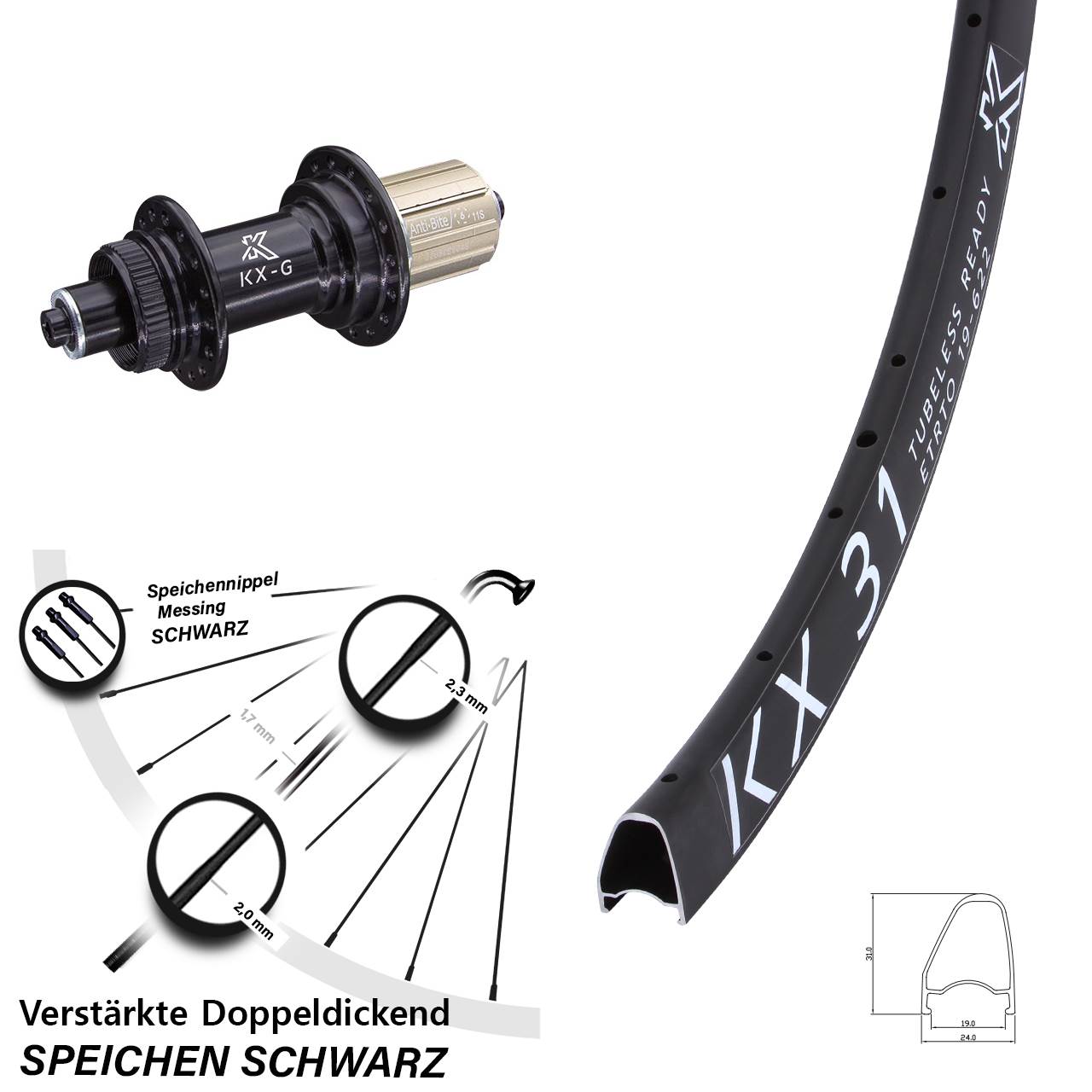 28 Zoll KX 31 Offset Hochprofil Centerlock Hinterrad QR 8-12 fach HG