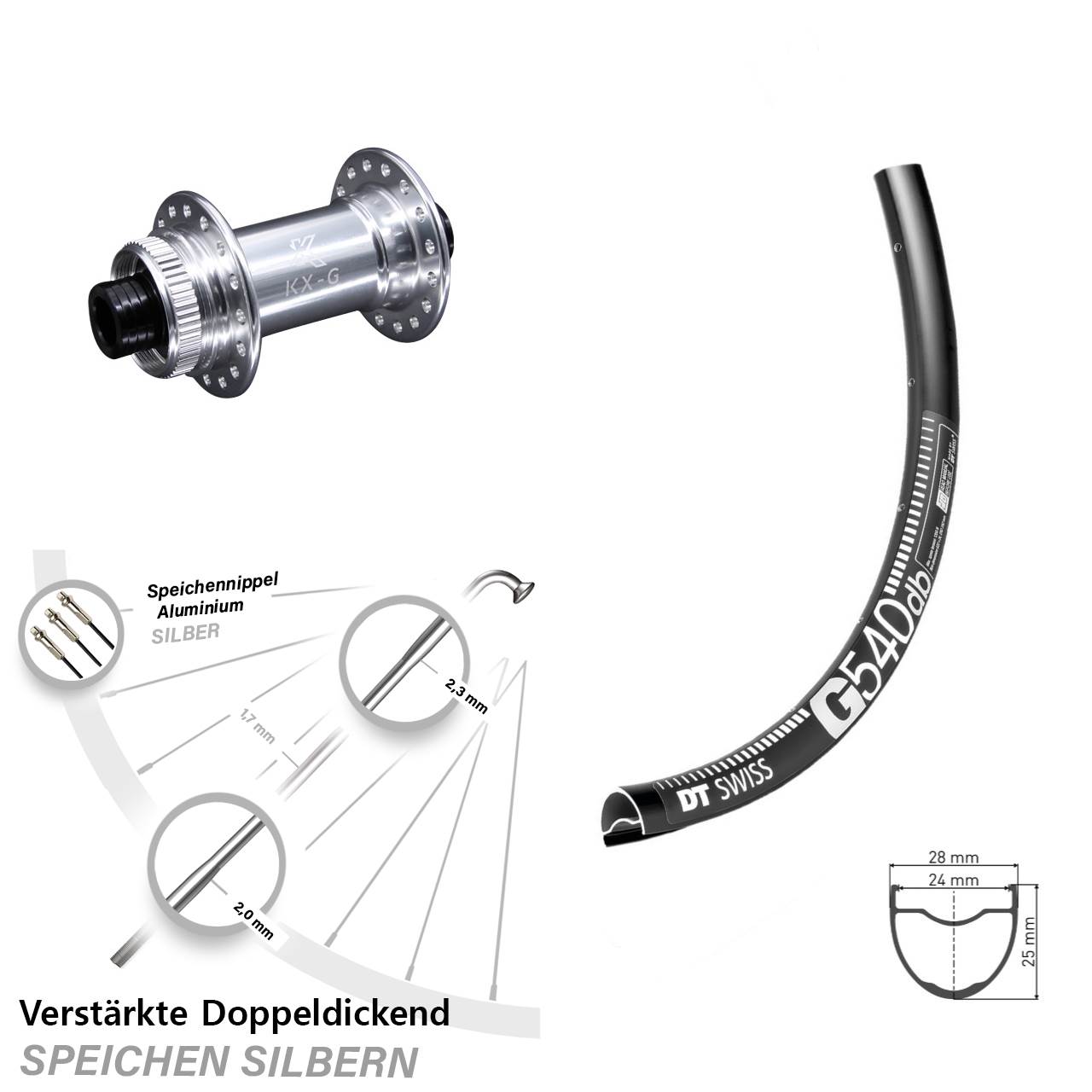 29 Zoll DT Swiss G 540 KX-G silbern Disc Laufrad 15x100 Gravel