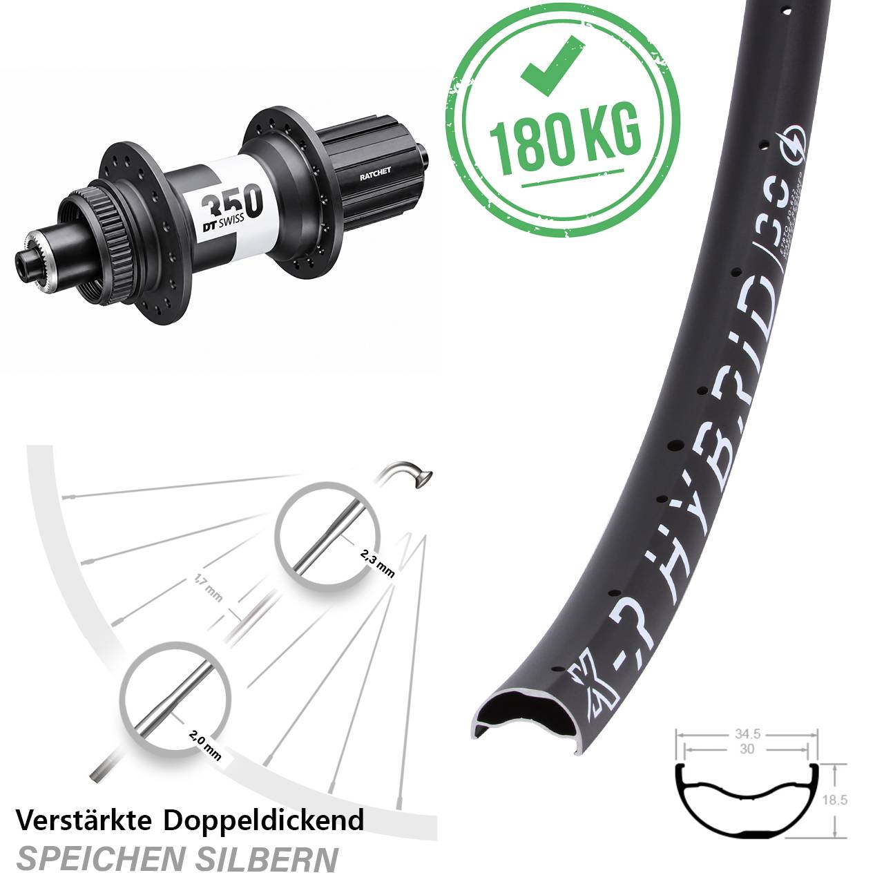 KX-R Hybrid 30 DT Swiss 350 29 Zoll Hinterrad für Schnellspanner 8-11 fach