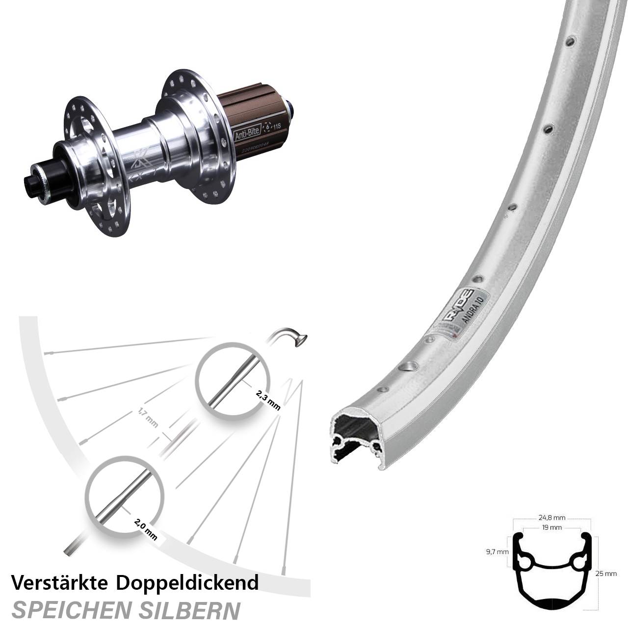 Ryde Andra 10 KX-T 5x130 28 Zoll Hinterrad 8-12 fach silbern