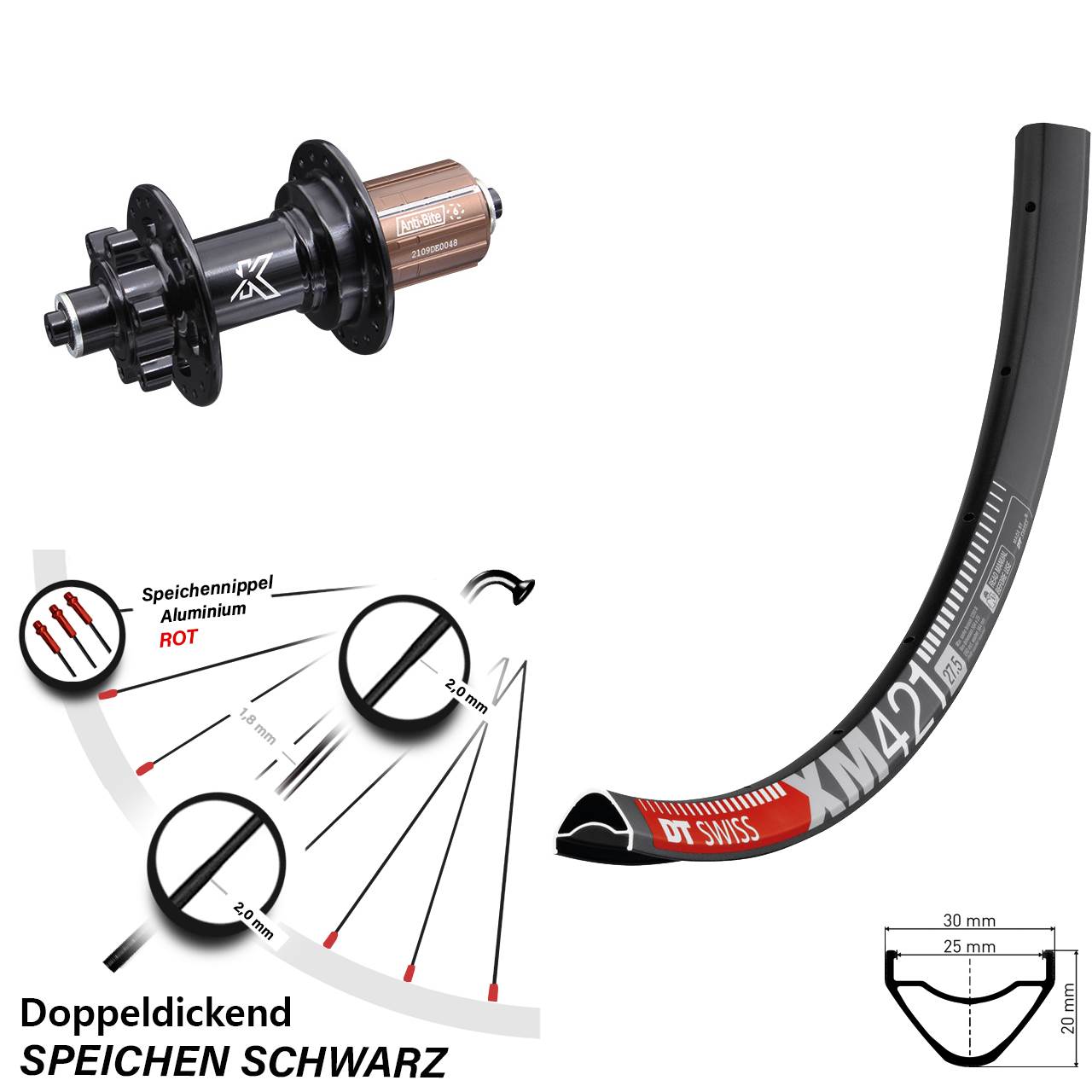 DT Swiss XM421 KX-M 27,5 Zoll Disc Laufrad für Schnellspanner 8-12 fach HG