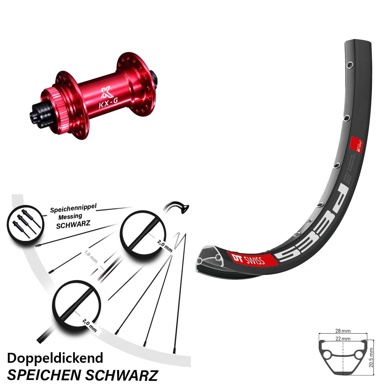 27,5 Zoll DT Swiss 533 D KX-G rot Centerlock Vorderrad für Schnellspanner