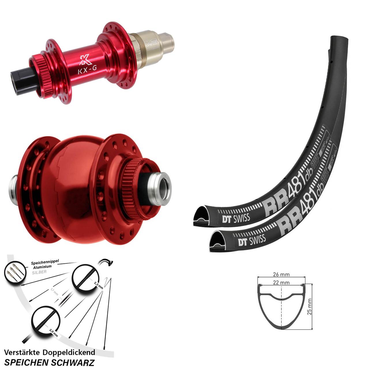 Centerlock Laufradsatz DT Swiss RR481 KX-G rot SON 28 Zoll XDR 11-12 fach 12x100/142
