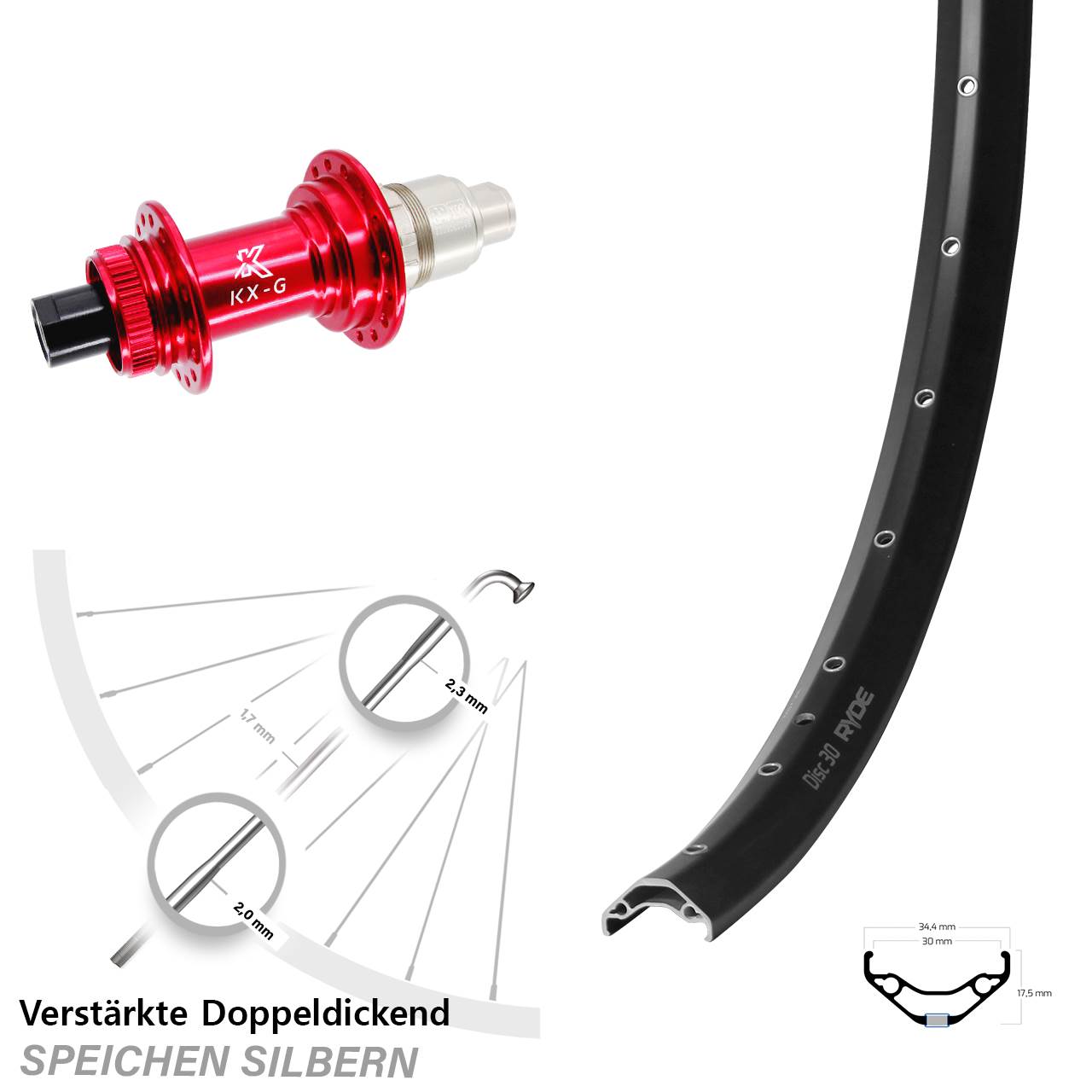 29 Zoll Ryde Disc 30 KX-G rot Hinterrad 12x142 XDR