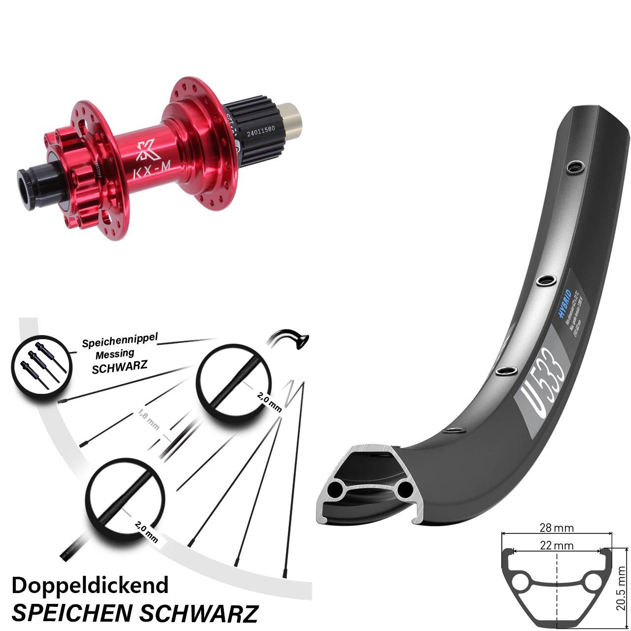 Hinterrad 27,5 Zoll DT Swiss U 533 KX-M rot Micro Spline 12x142
