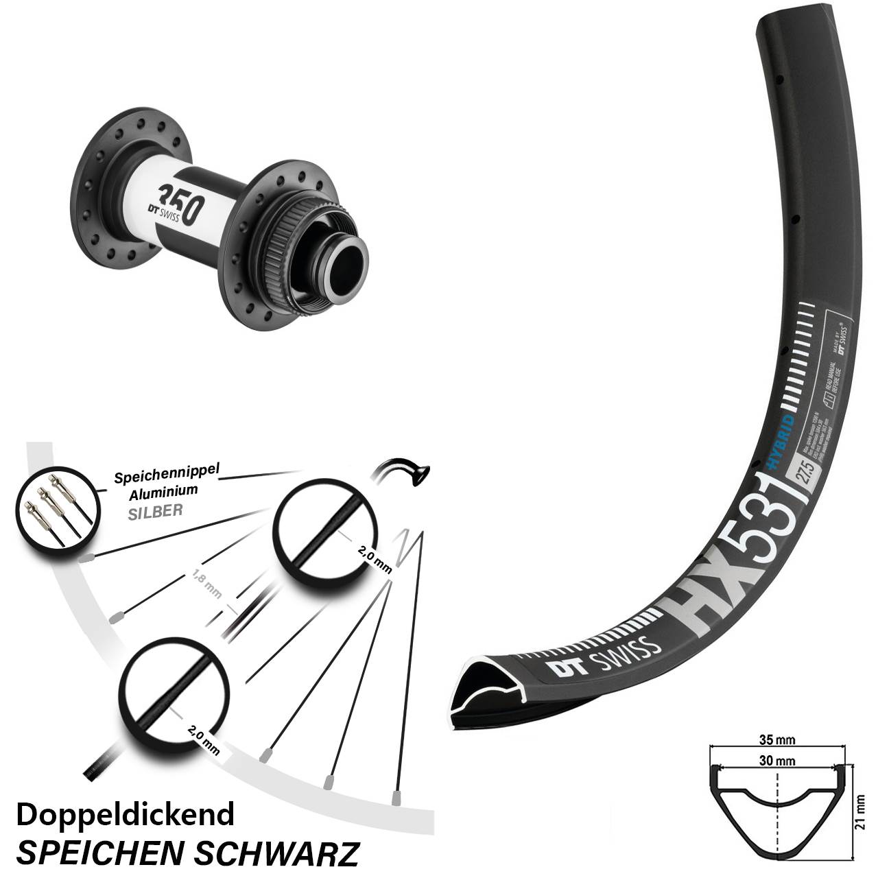 DT Swiss HX531-350 29 Zoll Vorderrad Centerlock 15x100