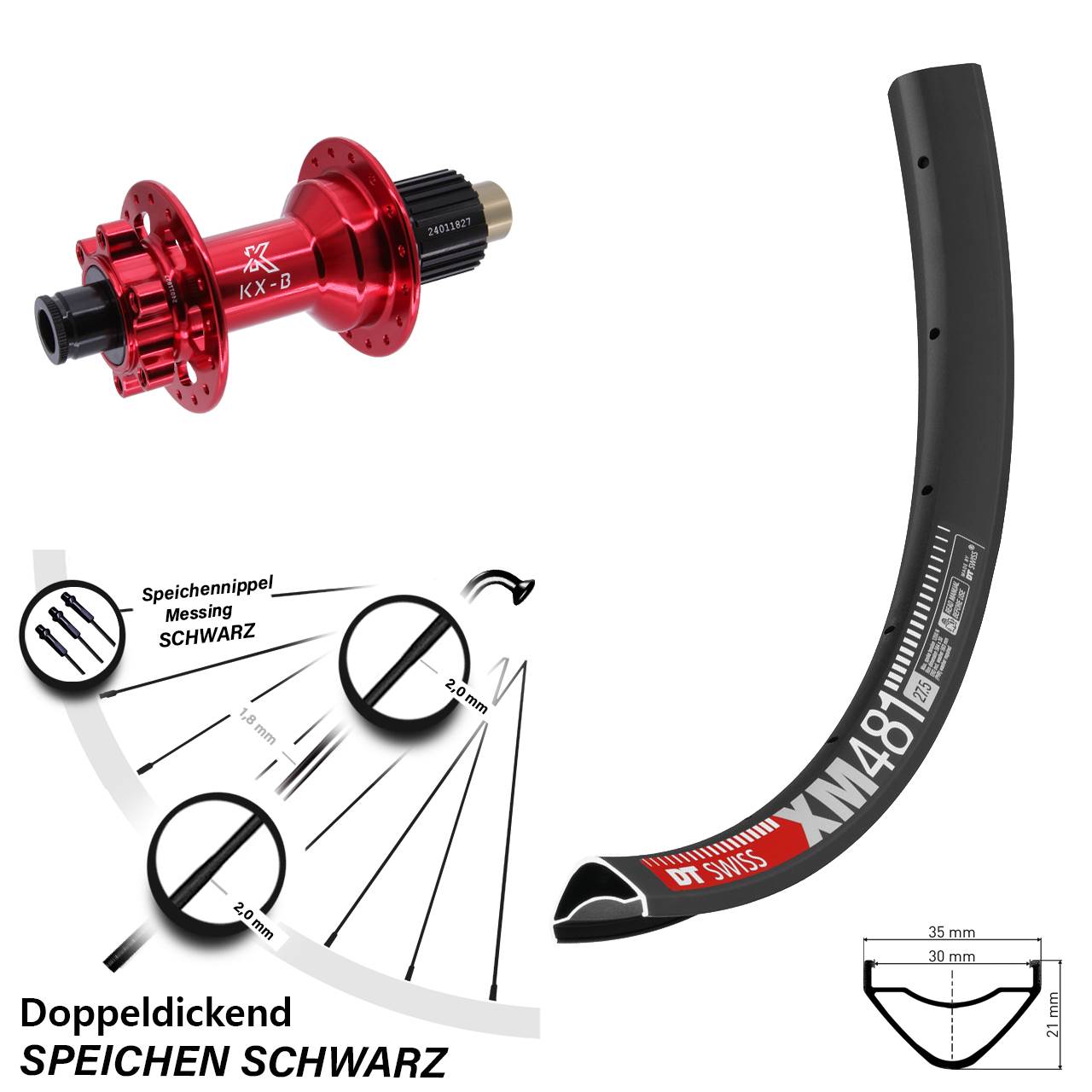 Hinterrad 27,5 Zoll DT Swiss XM 481 KX-B rot 6-Loch Micro Spline 12x148