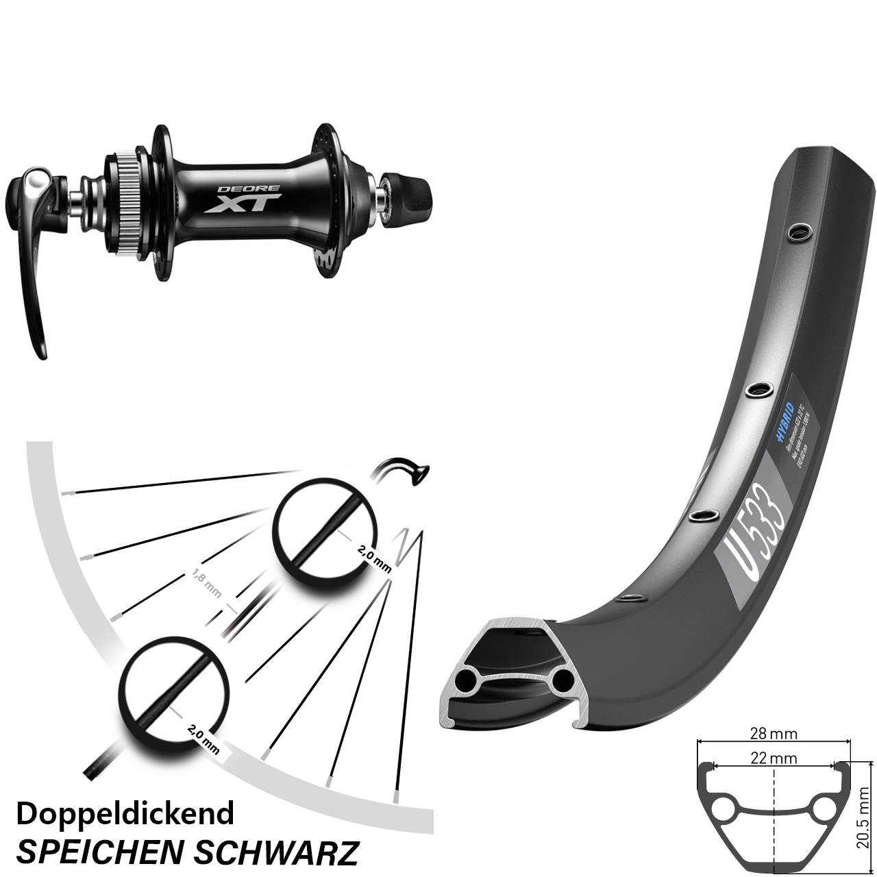 DT Swiss U533 Shimano XT HB-M8000 28-29 Zoll Disc Laufrad QR