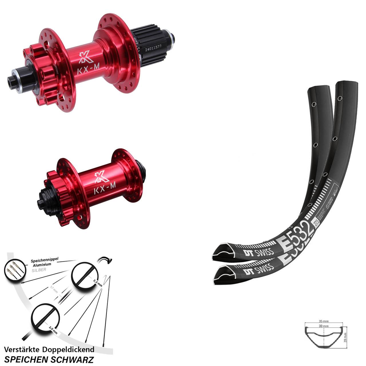 29 Zoll DT Swiss E 532 KX-M rot Laufradsatz 6-Loch QR Shimano Micro Spline