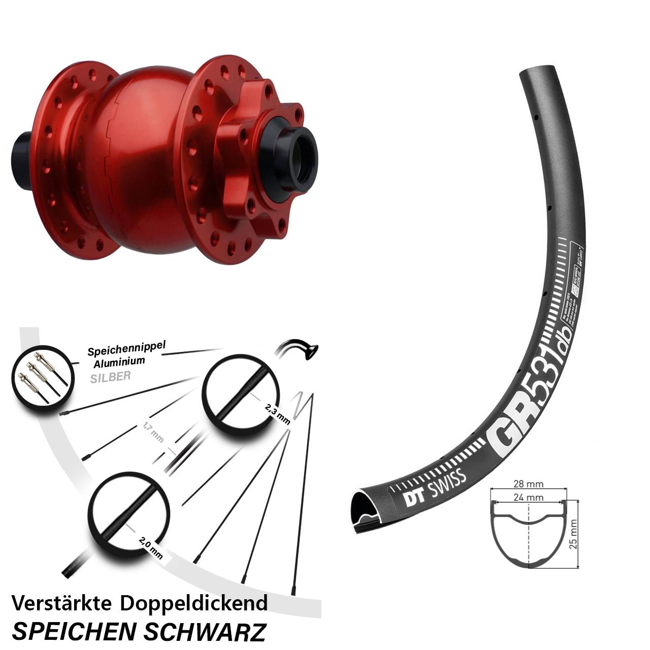 Disc Vorderrad mit Nabendynamo 650B DT Swiss GR531 SON 28 rot 15x110 Boost