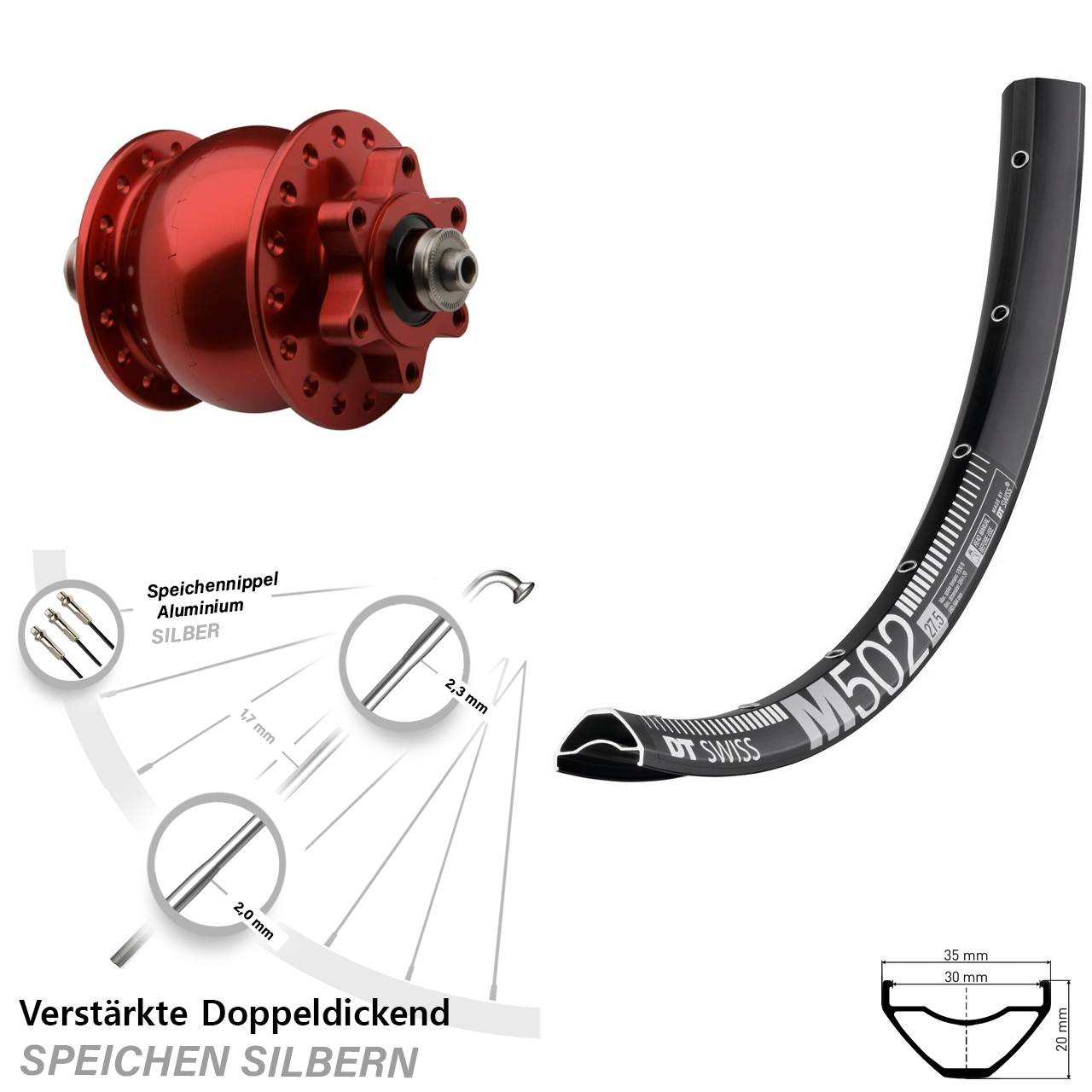 29 Zoll DT Swiss M502 SON 28 rot Disc Nabendynamolaufrad für Schnellspanner