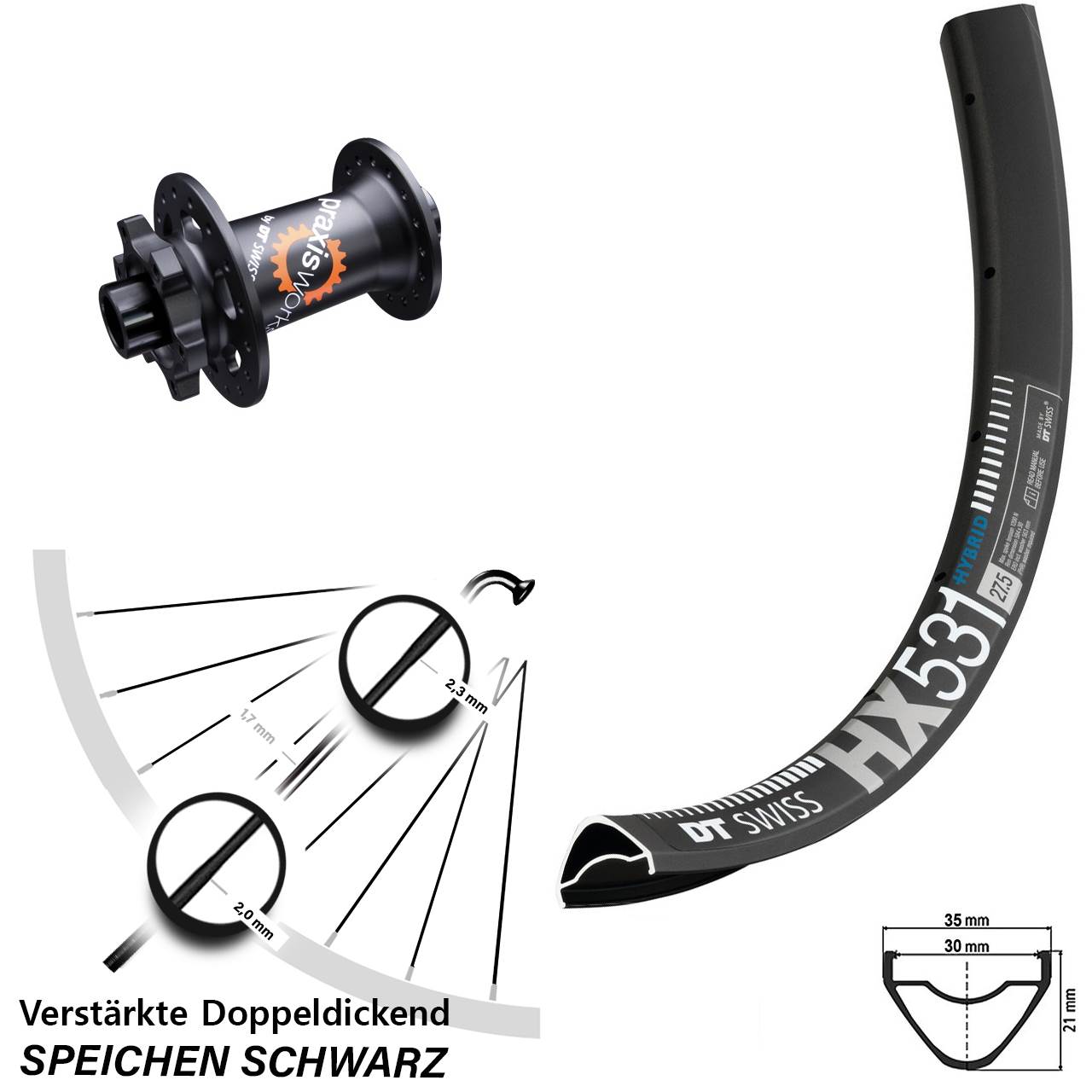 29 Zoll DT Swiss HX531-350 6-Loch Vorderrad 15x100