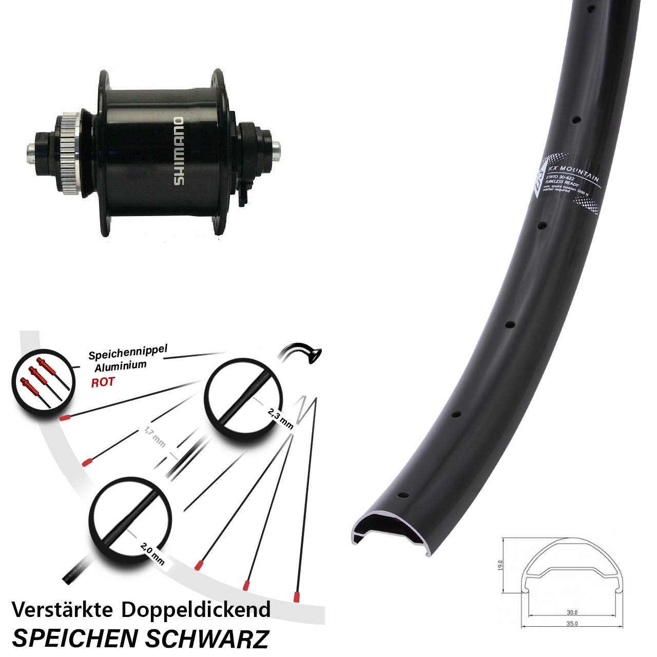 KX Mountain Shimano DH-UR700-3D 29 Zoll Nabendynamovorderrad Centerlock für Schnellspanner