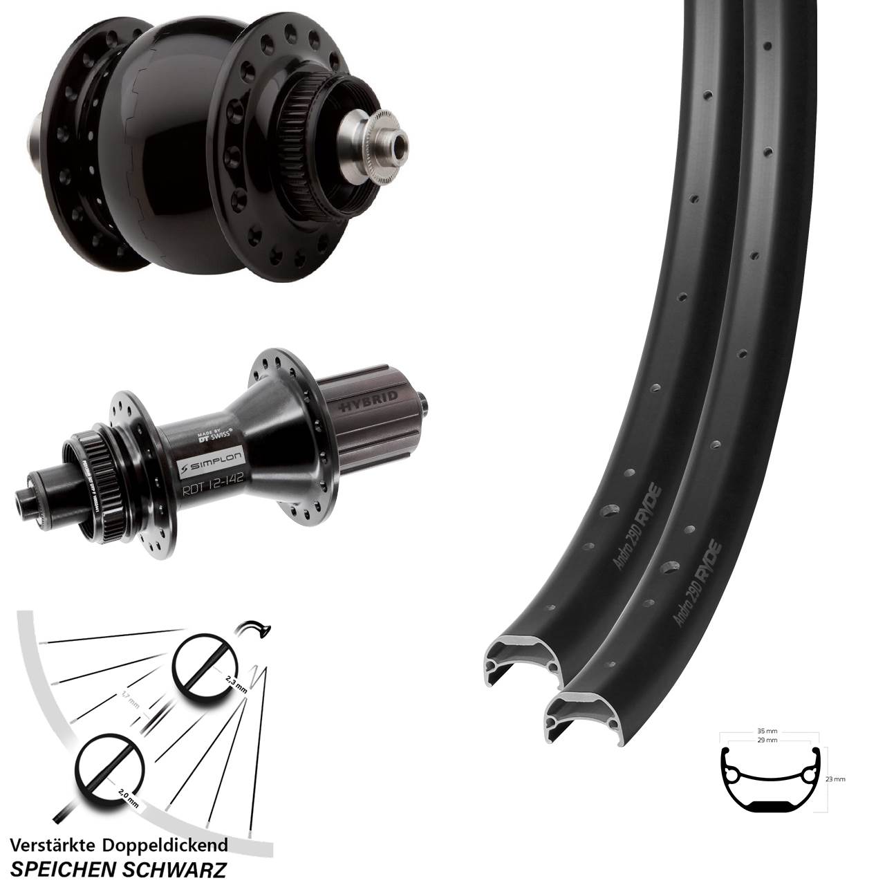 26 Zoll Ryde Andra 29 DT Swiss 370 Hybrid SON 28 Centerlock Laufradsatz QR 8-11 fach HG