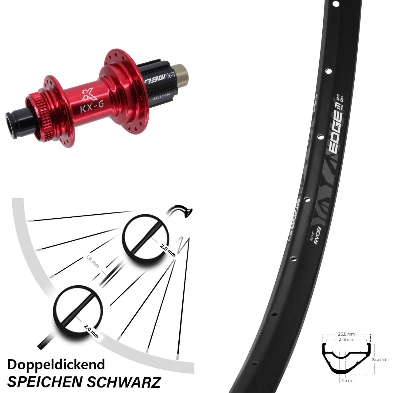 Ryde Edge M22 28 Zoll Hinterrad KX-G rot N3W 12x142