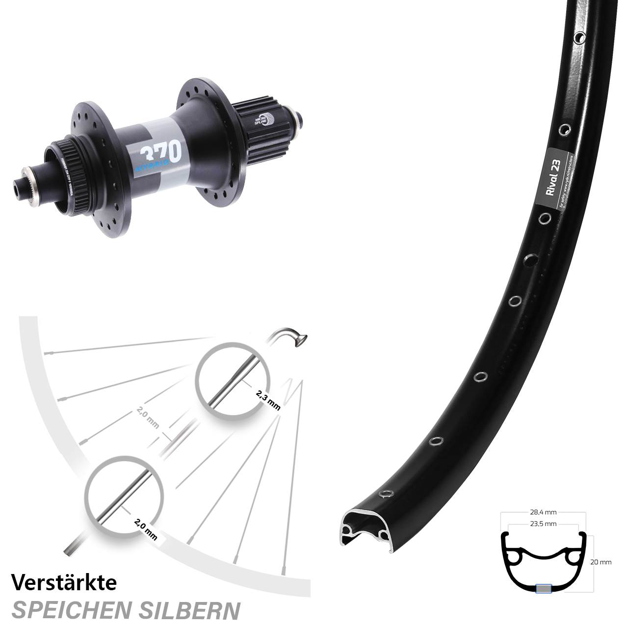 Hinterrad Centerlock 27,5 Zoll Ryde Rival 23 DT Swiss 370 Hybrid Micro Spline QR Boost