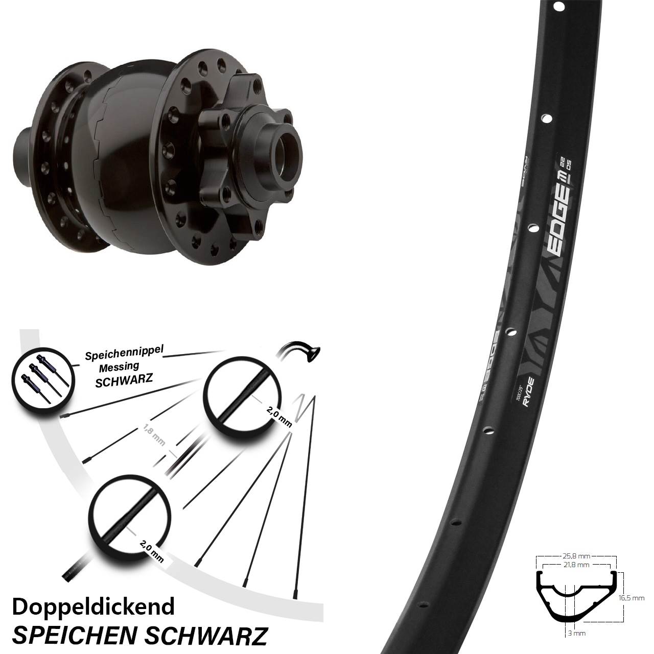Nabendynamo Ryde Edge M22 Vorderrad 29 Zoll Steckachse SON 28-15 Disc 6-loch