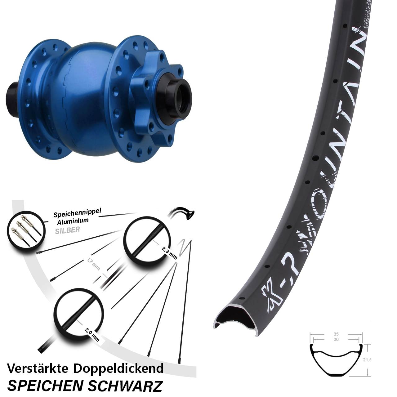 Disc Vorderrad mit Nabendynamo 29 Zoll KX-R Mountain SON 28 blau 15x110 Boost