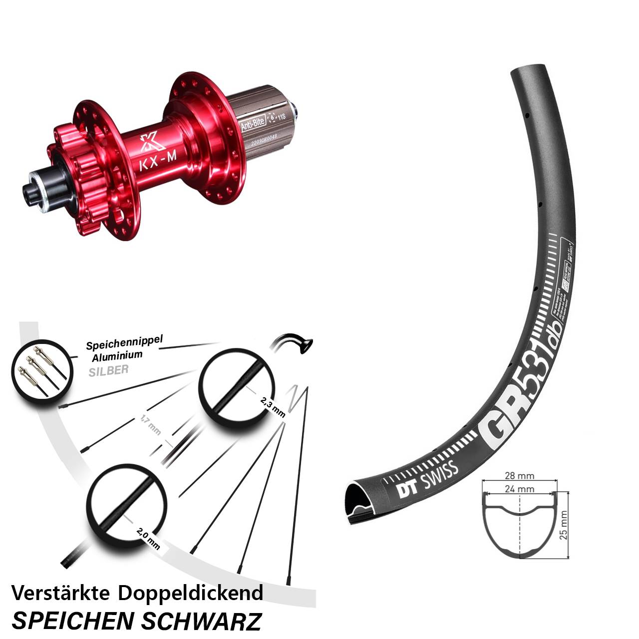 650B DT Swiss GR 531 KX-M rot 6-Loch Hinterrad für Schnellspanner 8-12 fach