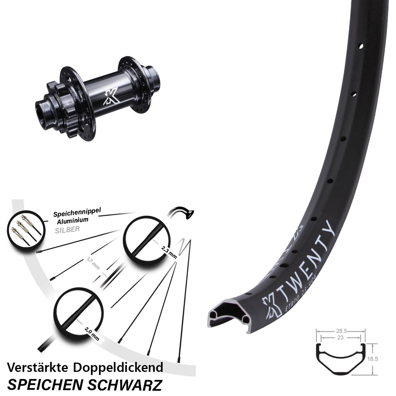 20 Zoll Vorderrad KX Twenty Steckachse 20x110 mm DH alt Non-Boost 6-loch Lastenrad