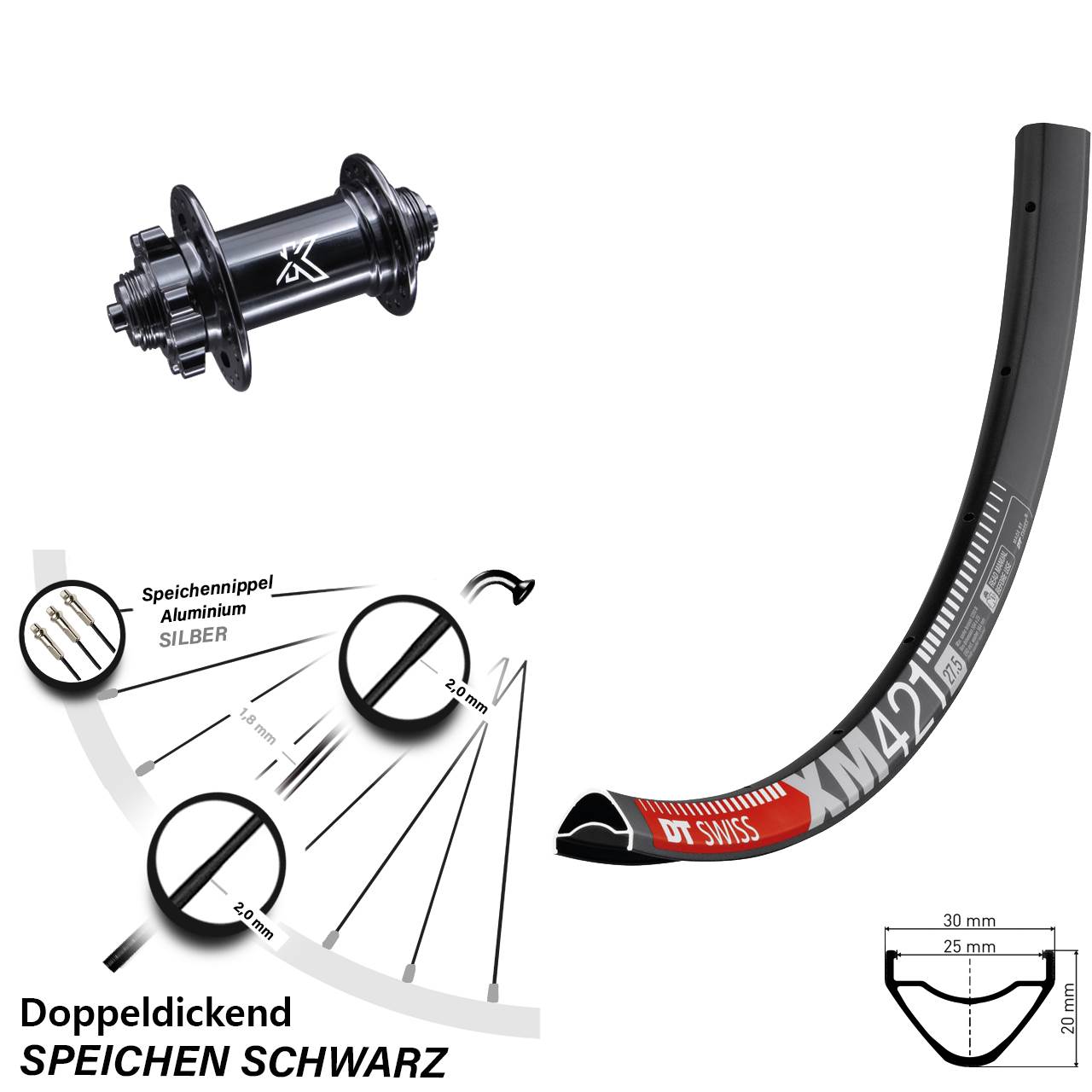 KX-M 6-Loch Disc 5x100 mm DT Swiss XM421 Vorderrad 29 Zoll QR Cross Country MTB
