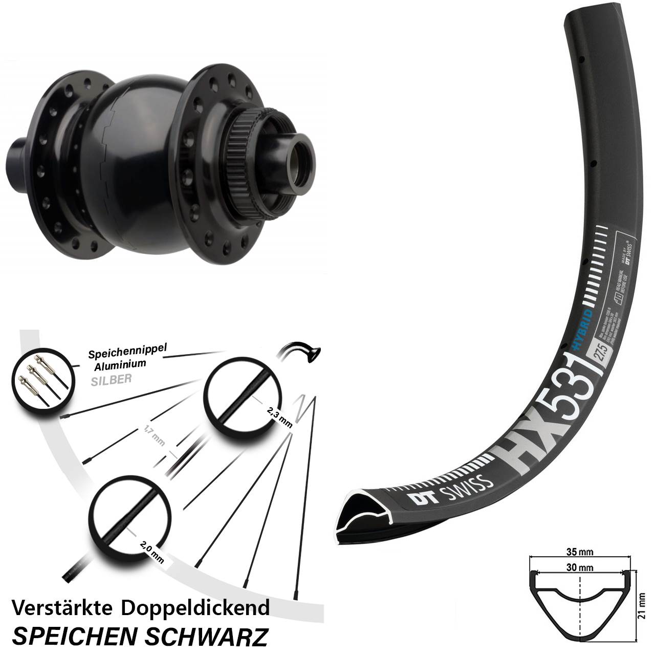 Disc Nabendynamo-Laufrad 29 Zoll DT Swiss HX531 SON 28 15x110 Boost