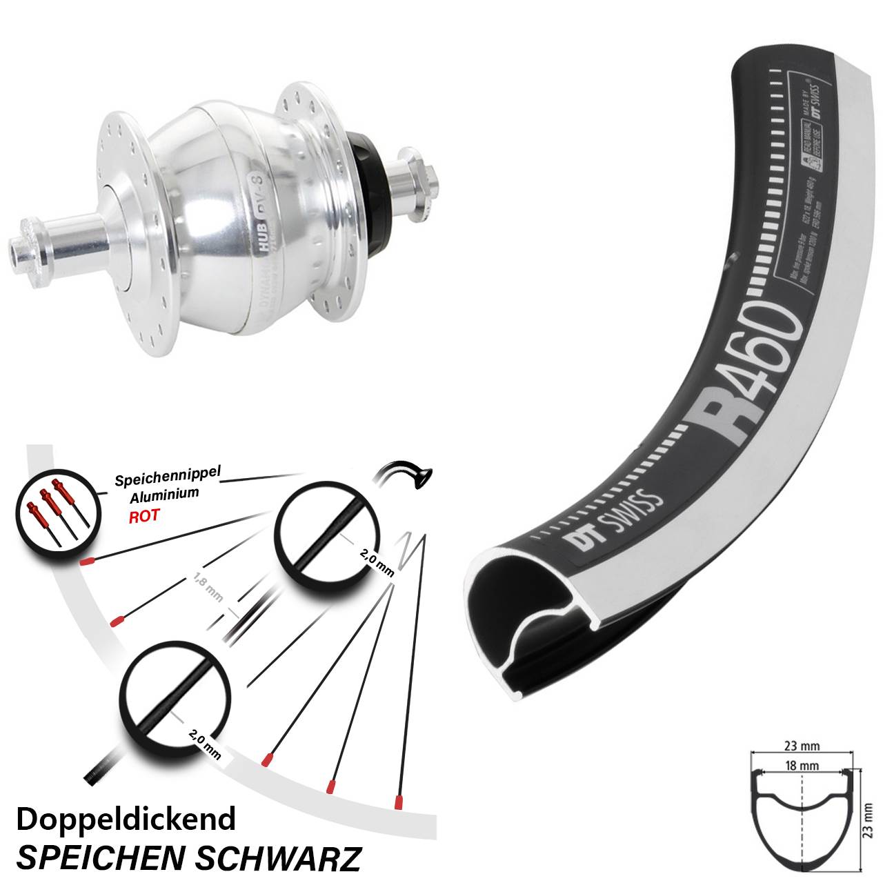 Nabendynamolaufrad 28 Zoll DT Swiss R460 Shutter Precision PV-8 für Schnellspanner