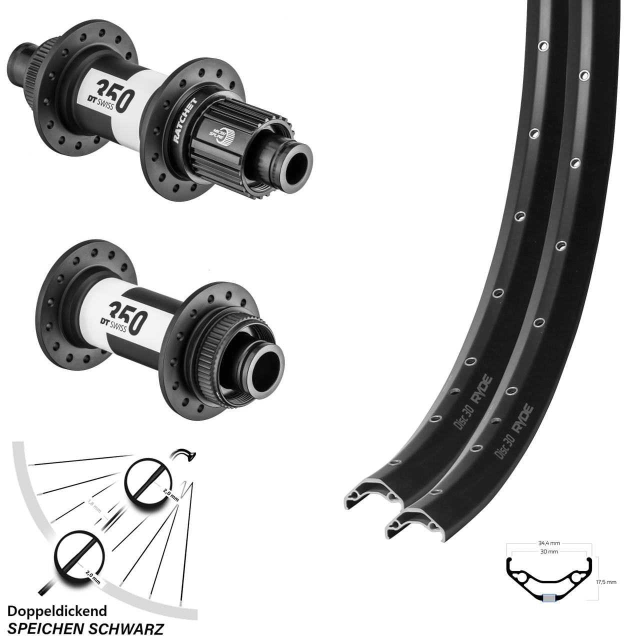 Centerlock Laufradsatz 15x110 12x148 29 Zoll Ryde Disc 30 DT Swiss 350 Micro Spline