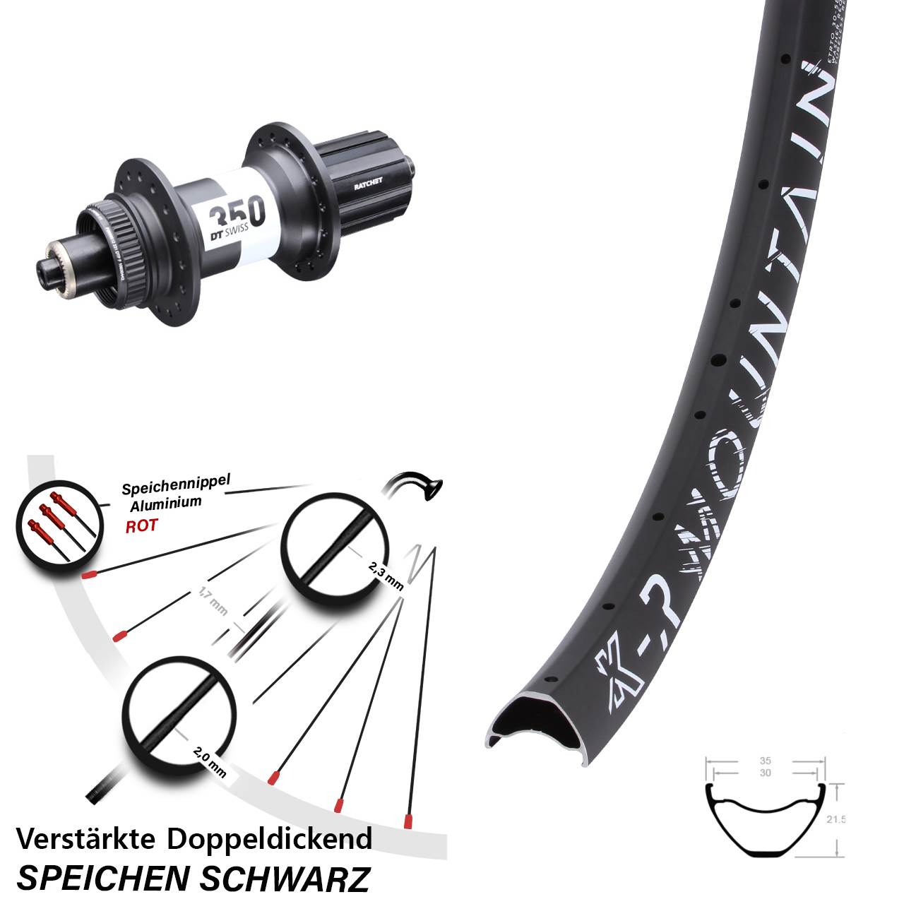29 Zoll KX-R Mountain DT Swiss 350 Ratchet 36 Hinterrad für Schnellspanner 8-11 fach