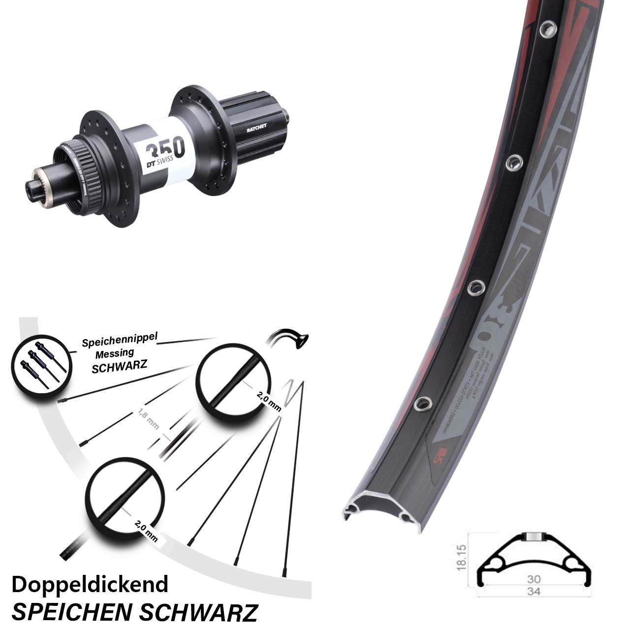 Disc Hinterrad 29 Zoll Rodi TRYP 30 DT Swiss 350 8-11 fach QR Boost