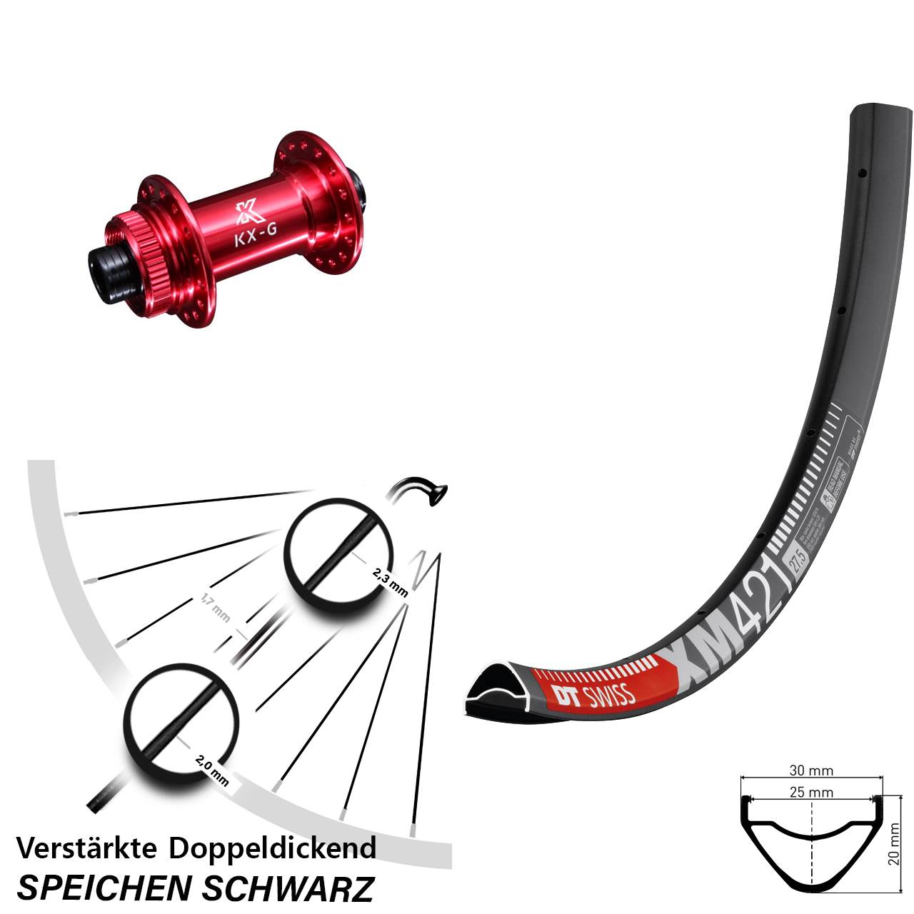 Centerlock Vorderrad 12x100 27,5 Zoll DT Swiss XM421 KX-G rot