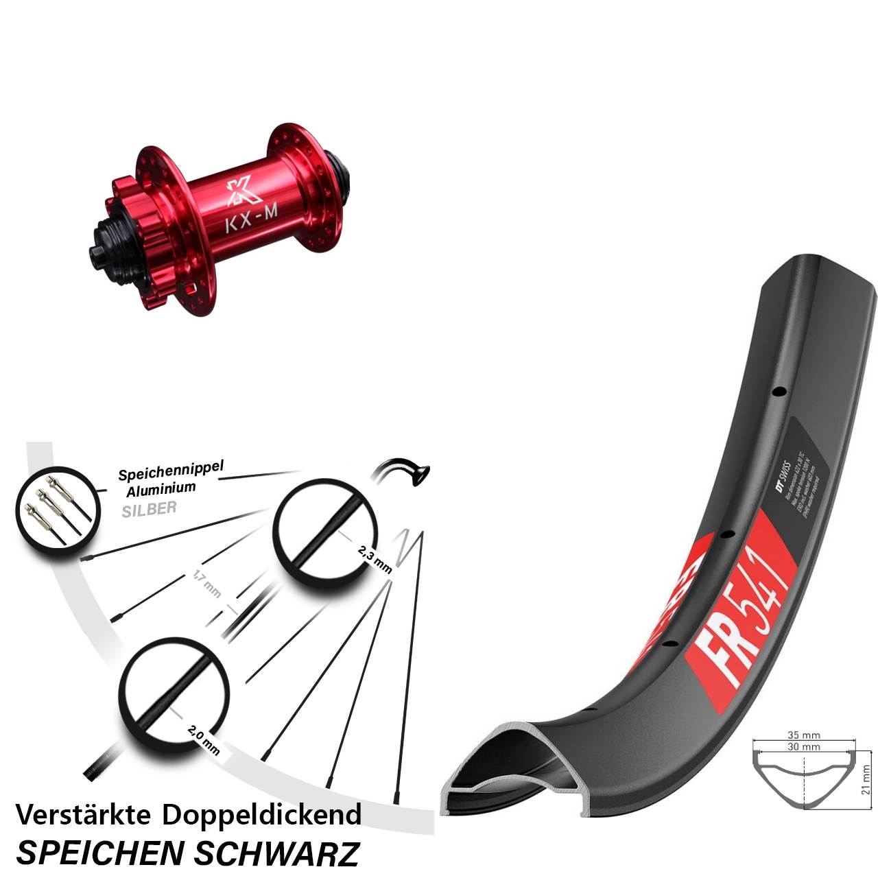 Disc Vorderrad QR 27,5 Zoll DT Swiss FR 541 KX-M rot