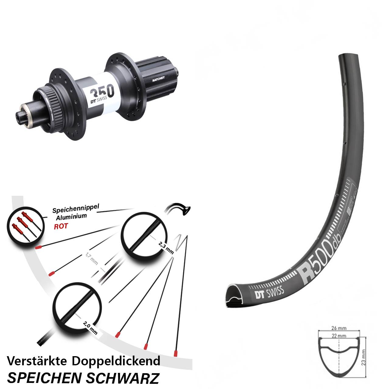 29 Zoll DT Swiss R500-350 Disc Hinterrad für Schnellspanner 11-12 fach
