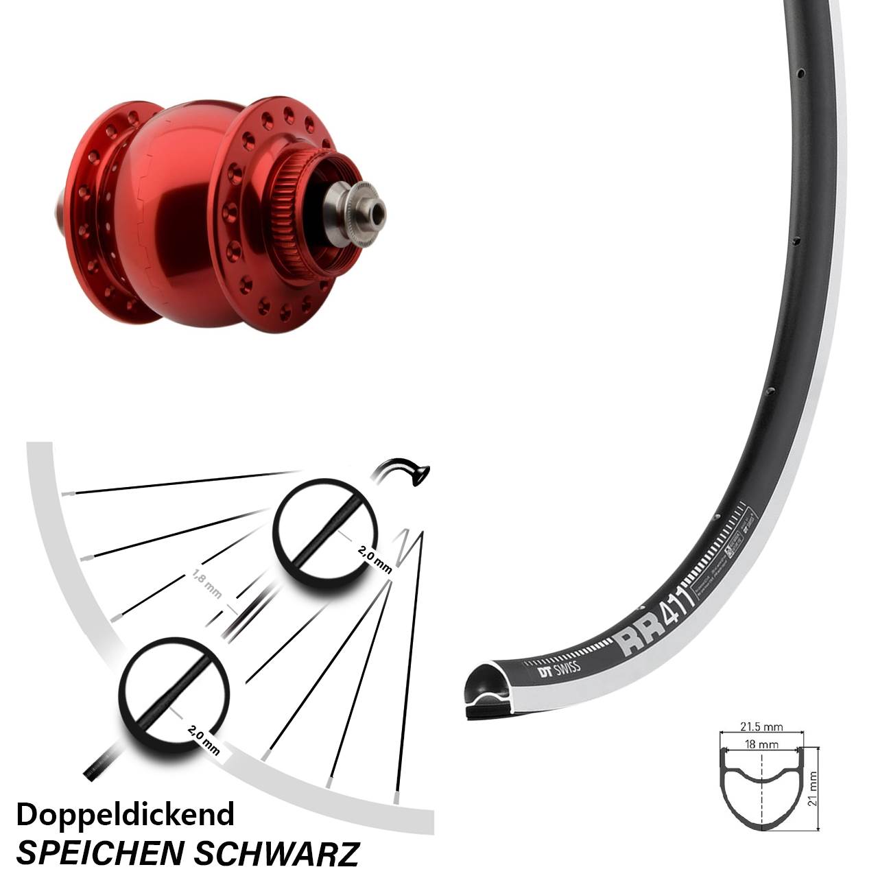 Vorderrad Son 28 Zoll DT Swiss RR 411 Nabendynamo rot