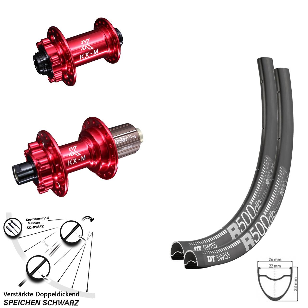 29 Zoll DT Swiss R 500 KX-M rot 6-Loch Laufradsatz 12x100/142 8-12 fach