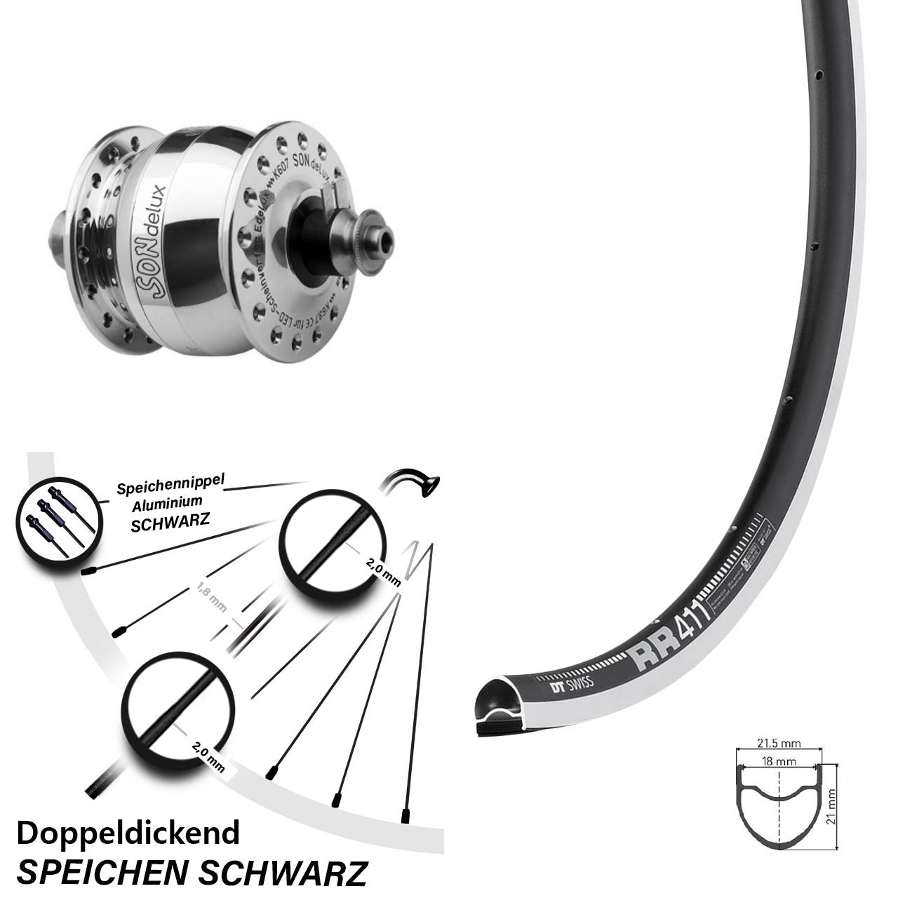 Nabendynamolaufrad für Schnellspanner 28 Zoll DT Swiss RR411 SON delux