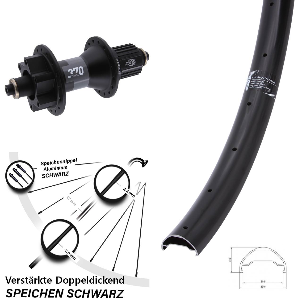 KX Mountain DT Swiss 370 Hybrid 29 Zoll Hinterrad für Schnellsp. Micro Spline