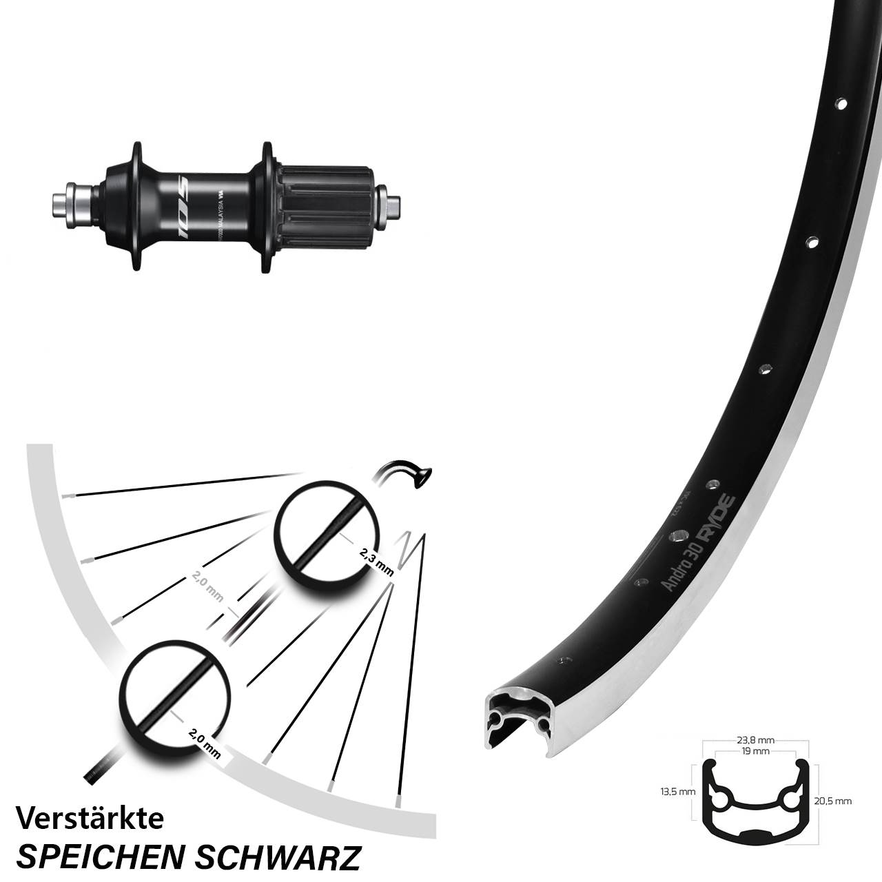 28 Zoll Ryde Andra 30 Shimano 105 Hinterrad QR 8-12 fach HG