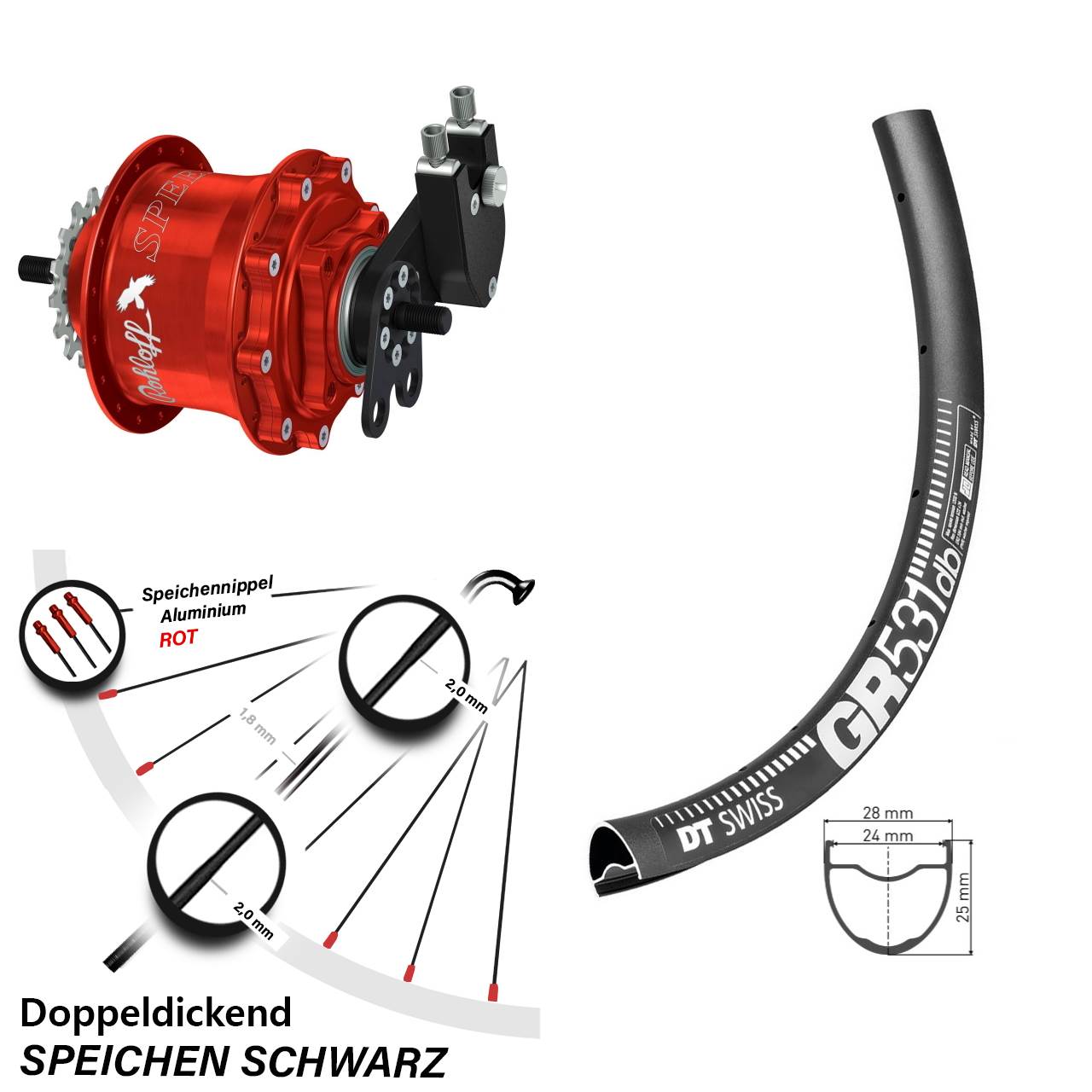 Disc Hinterrrad 28 Zoll DT Swiss GR 531 Rohloff TS DB Tandem rot