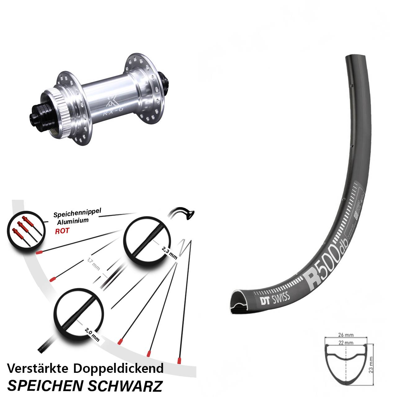 Road Disc DT Swiss R 500 Vorderrad 28 Zoll verstärkt mit KX-G silbern Centerlock
