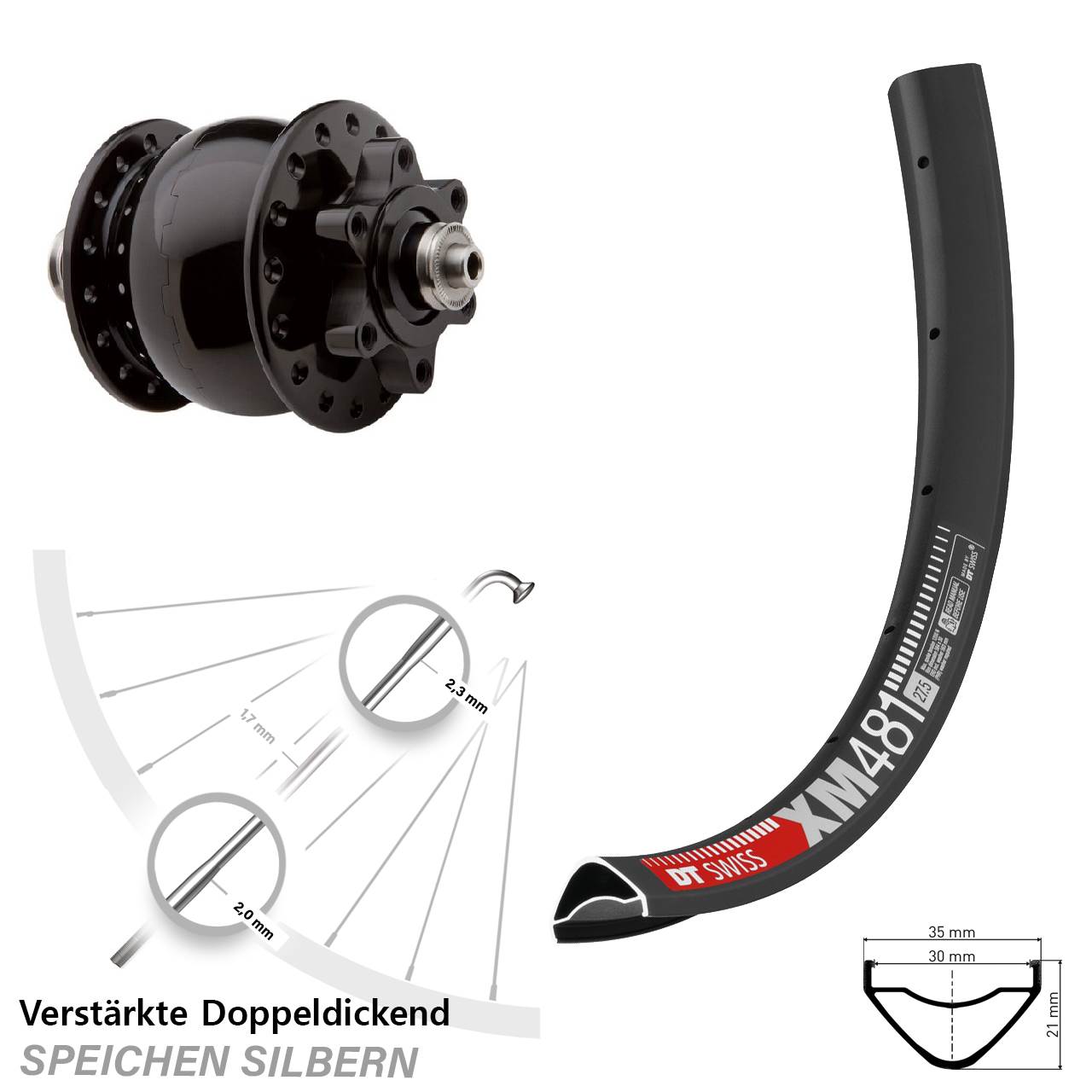6-Loch Nabendynamo QR Vorderrad 27,5 Zoll DT Swiss XM 481 SON 28