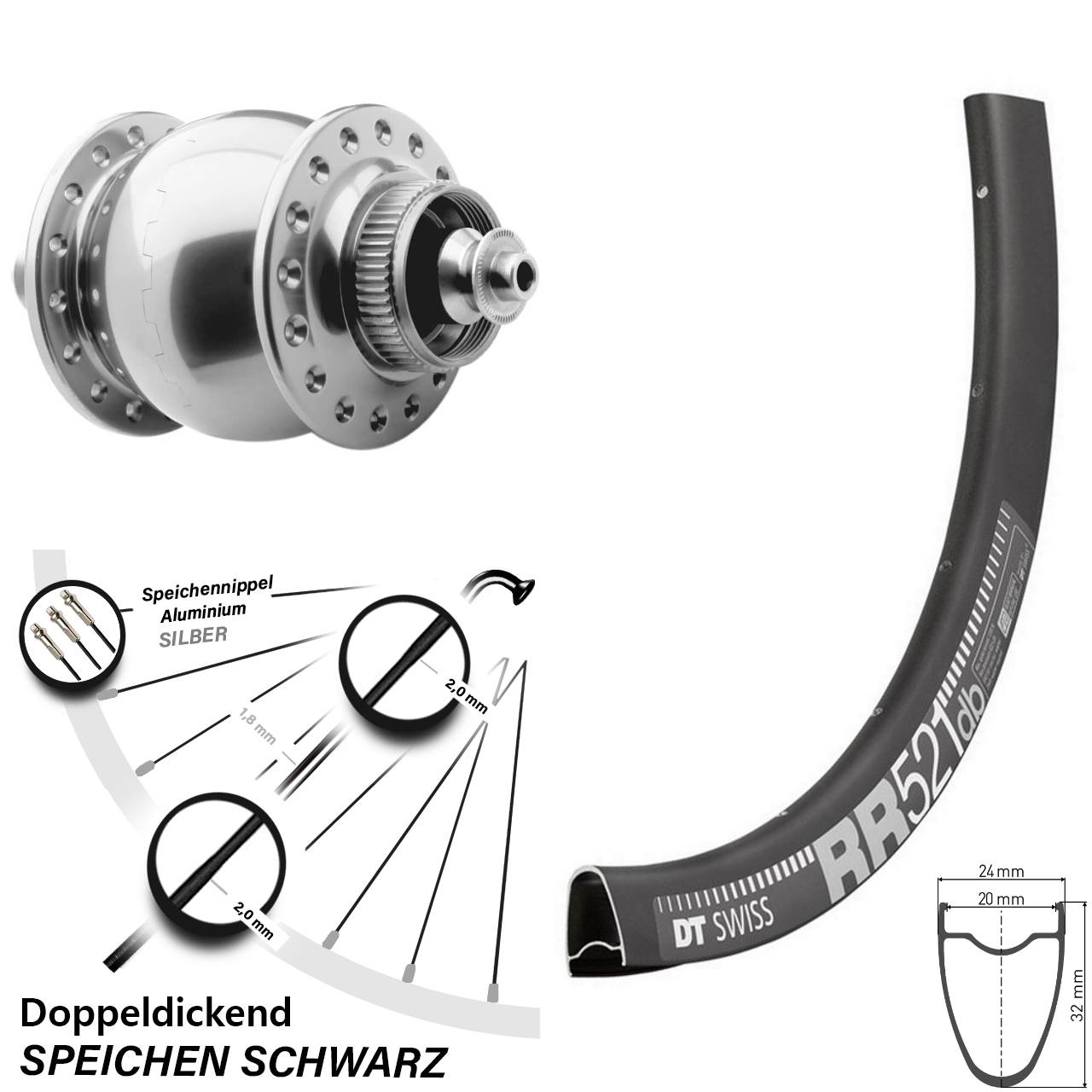 Vorderrad SON 28 Zoll DT Swiss RR 521 DB Nabendynamo silber eloxiert Centerlock