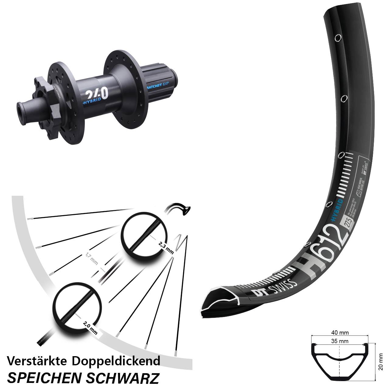 breites E-Bike Hinterrad 27,5 Zoll H 612 DT Swiss 240 Hybrid Boost 12x148 mm 11-fach
