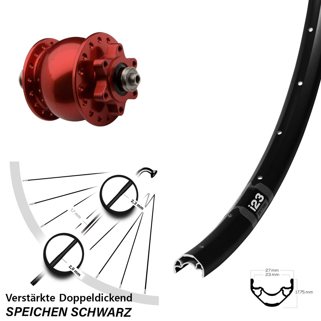 SON 28 rot WTB i23 ST 28-29 Zoll 6-Loch Nabendynamo-Vorderrad für Schnellspanner